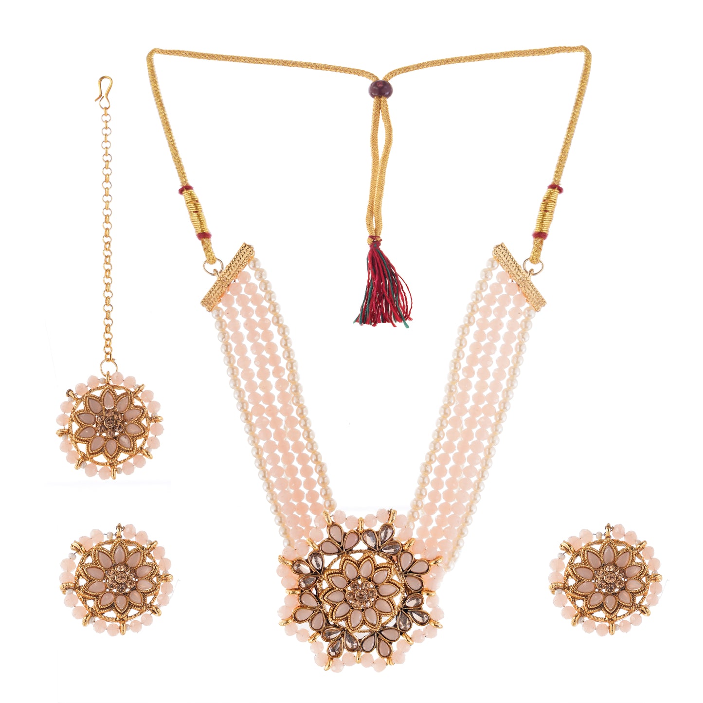 Light Peach Pearl Beadded Jewellery Necklace And Earrings Set