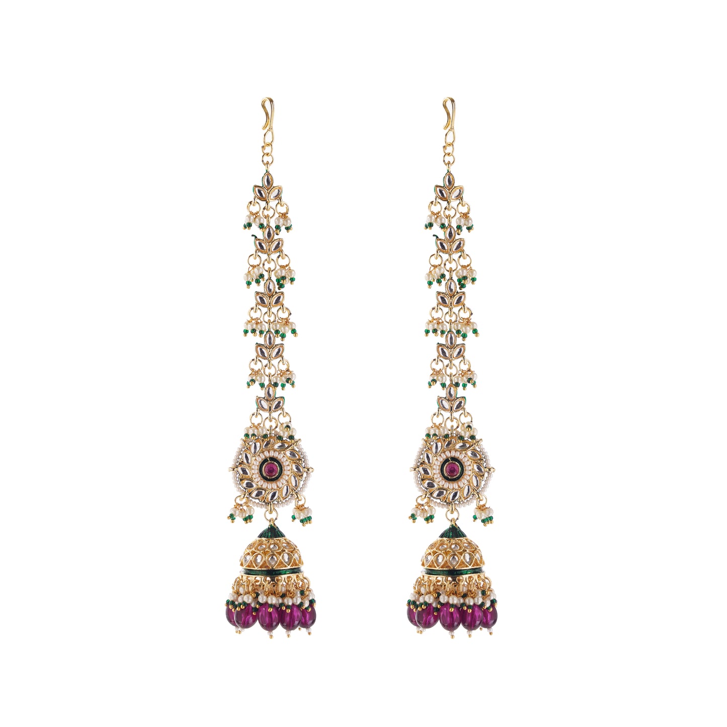 Gold Plated Purple Jhumka Earring With Ear Chain