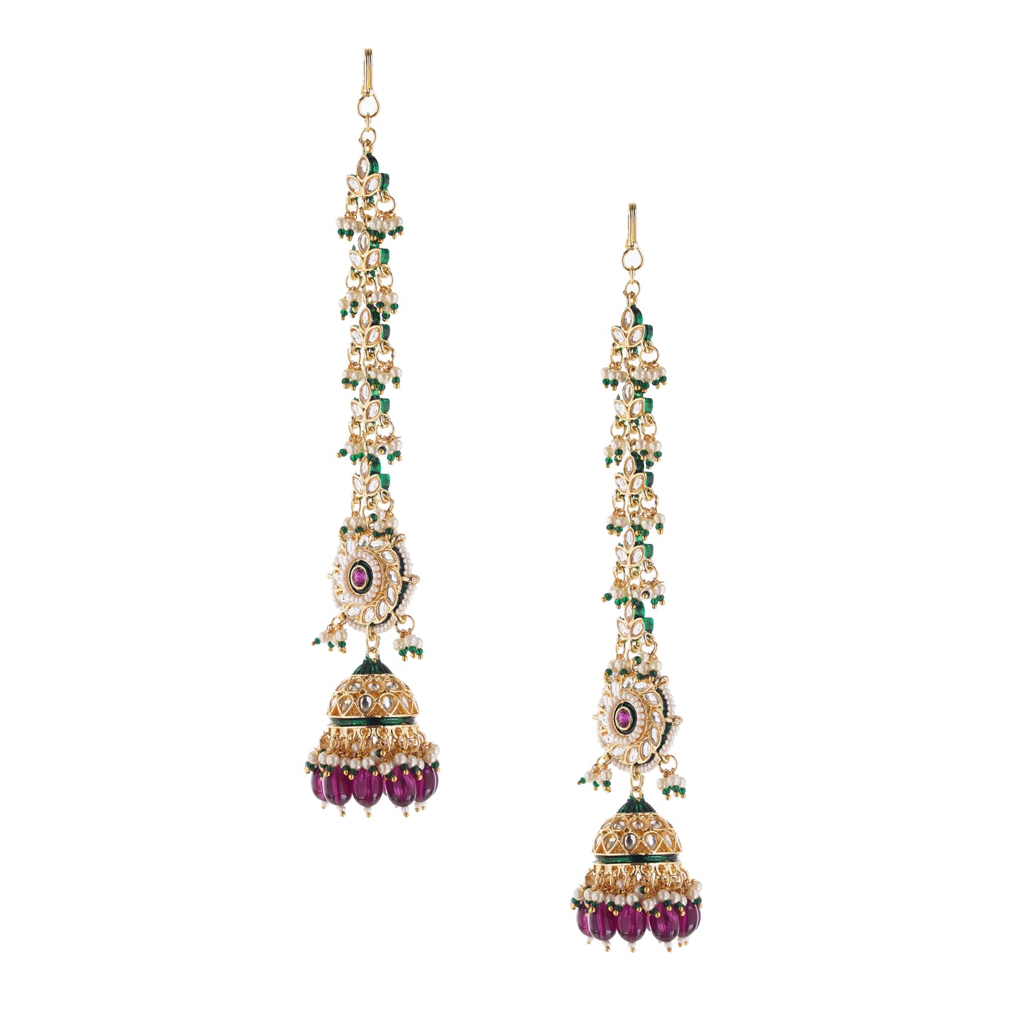 Gold Plated Purple Jhumka Earring With Ear Chain