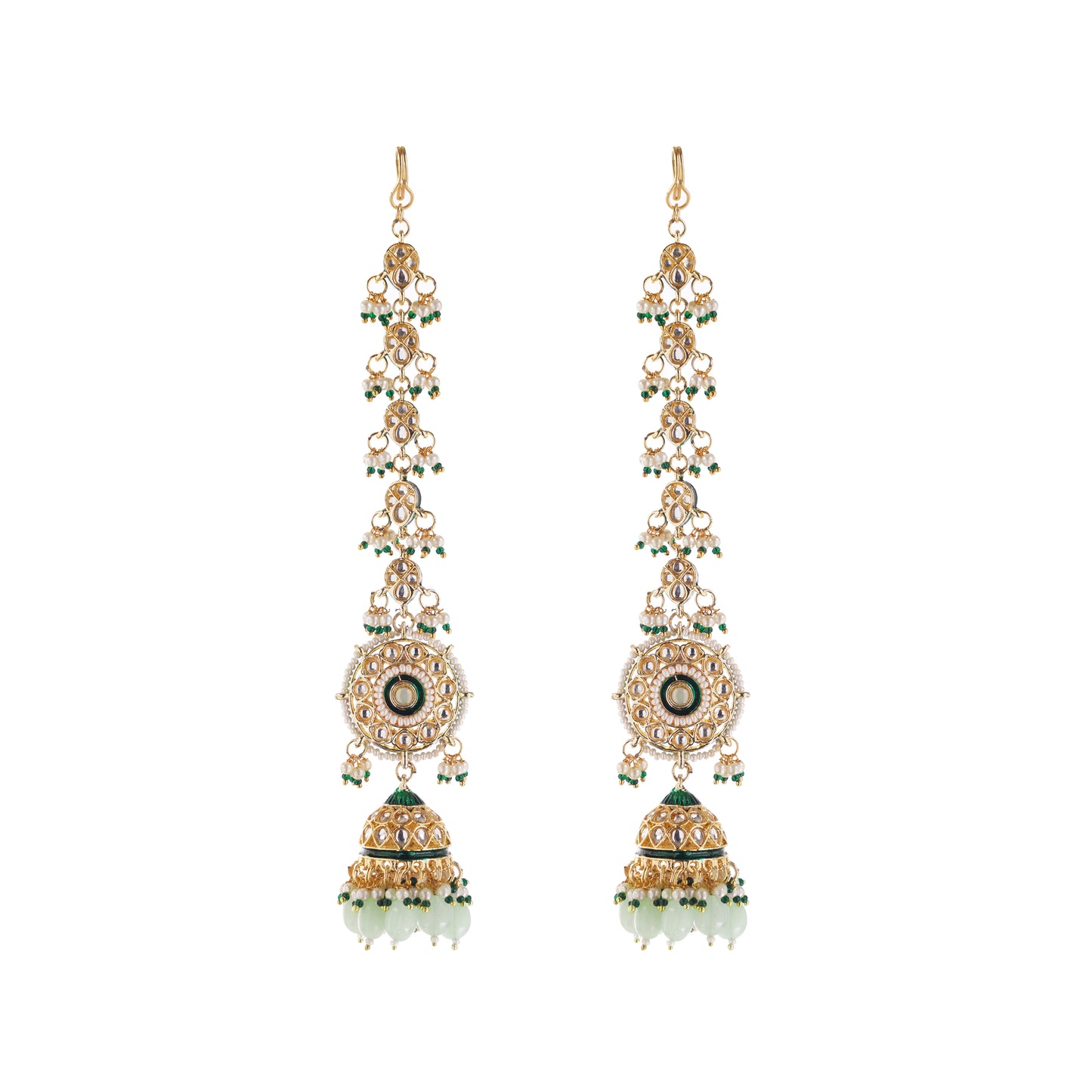 Light Green Gold Plated Jhumka With Chain Earrings For Women