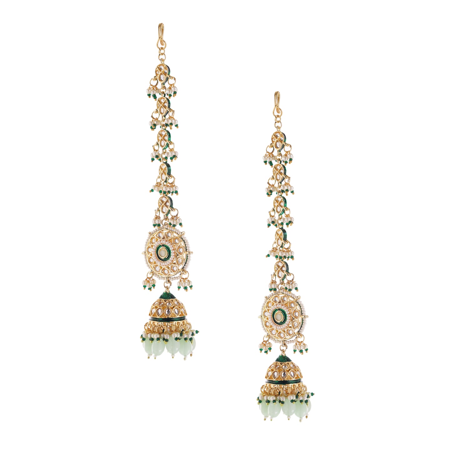 Light Green Gold Plated Jhumka With Chain Earrings For Women