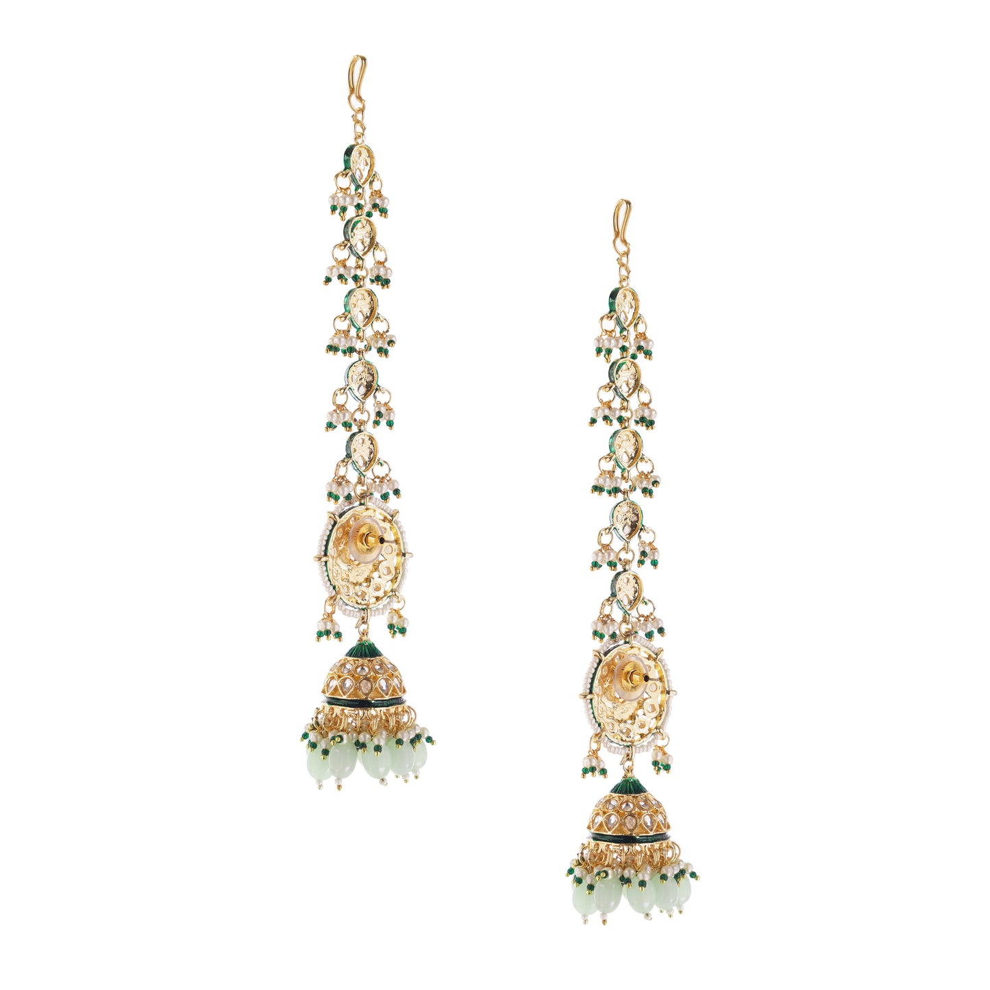 Light Green Gold Plated Jhumka With Chain Earrings For Women