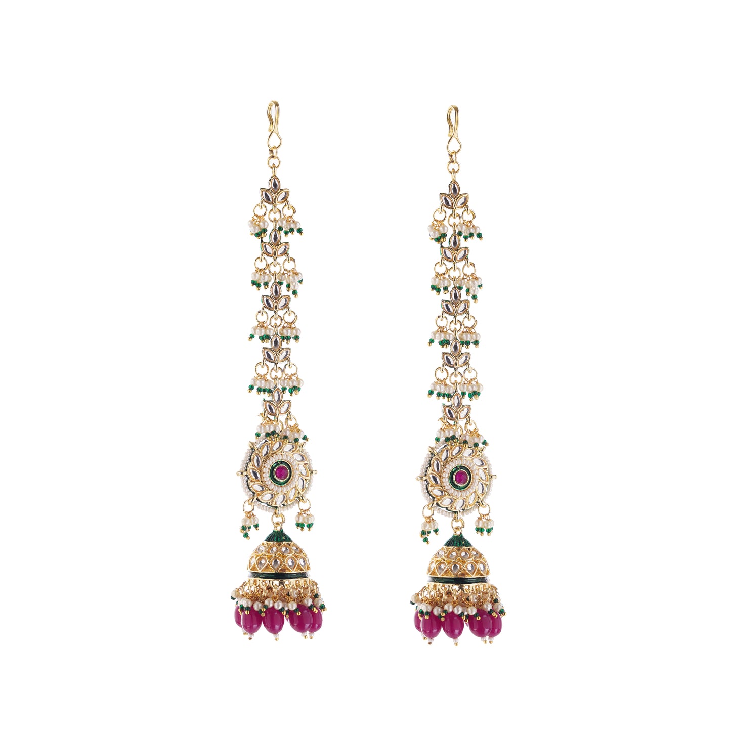 Traditional Pink Kundan Ear Chain Jhumka Earrings