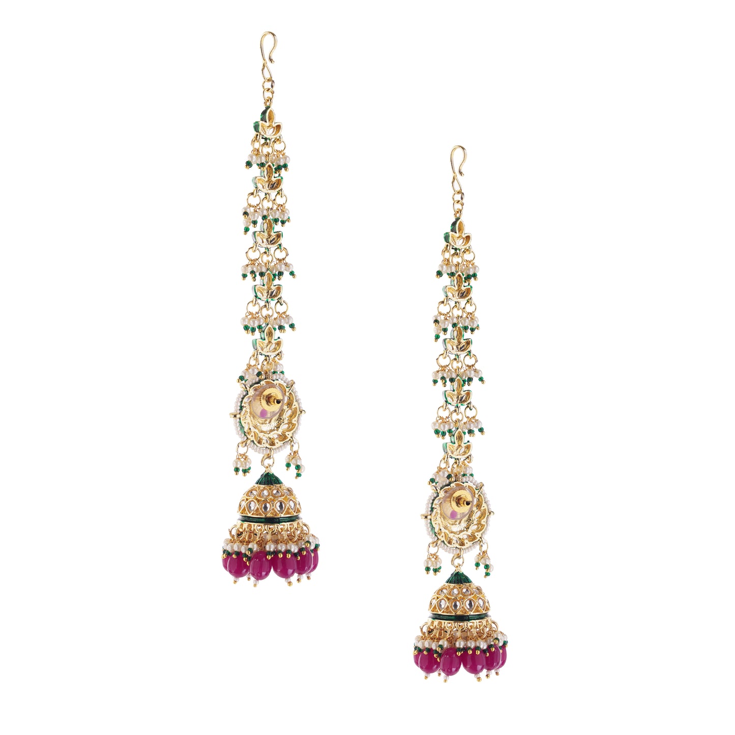 Traditional Pink Kundan Ear Chain Jhumka Earrings