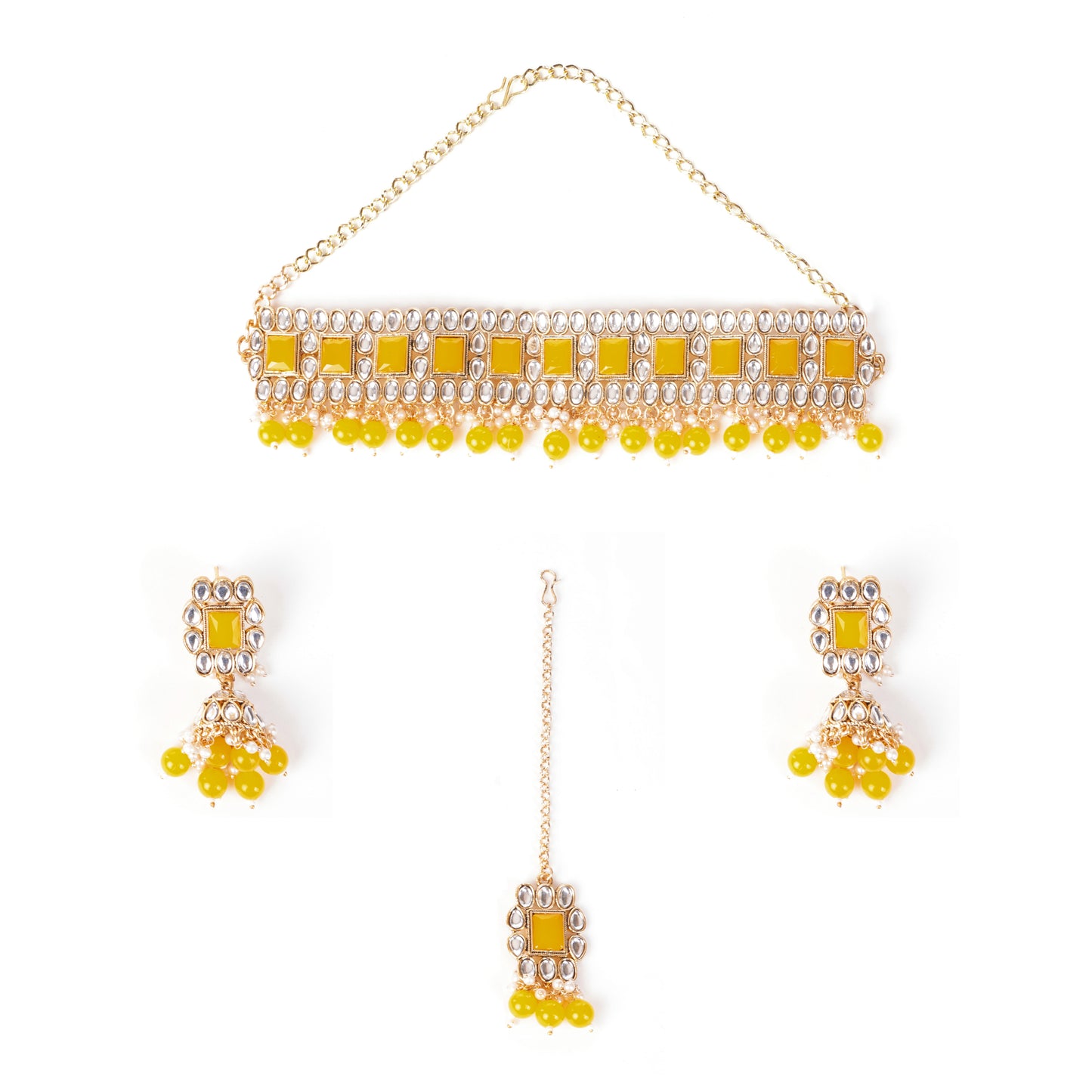 Yellow Stone Studded Kundan Necklace And Earring Set