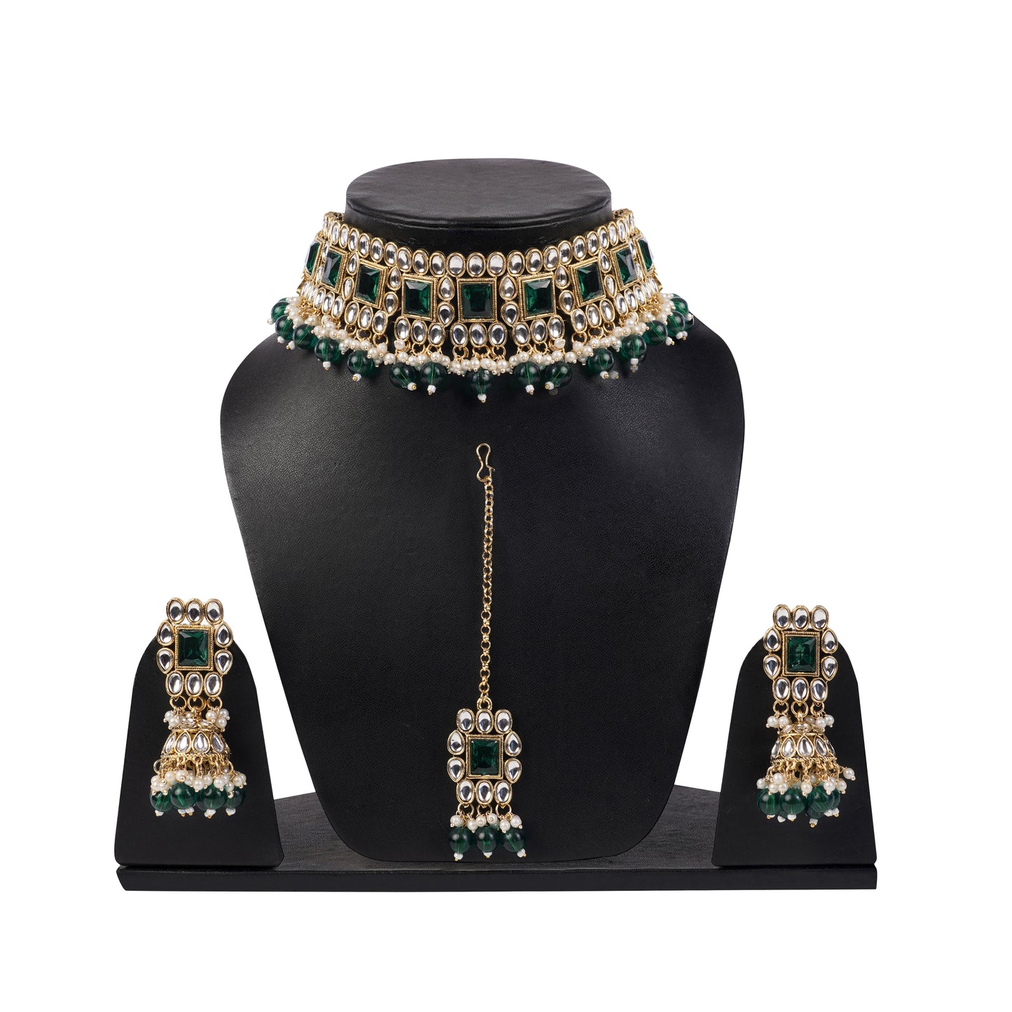 Gold Plated Emerald Green Kundan Necklace And Earrings Set
