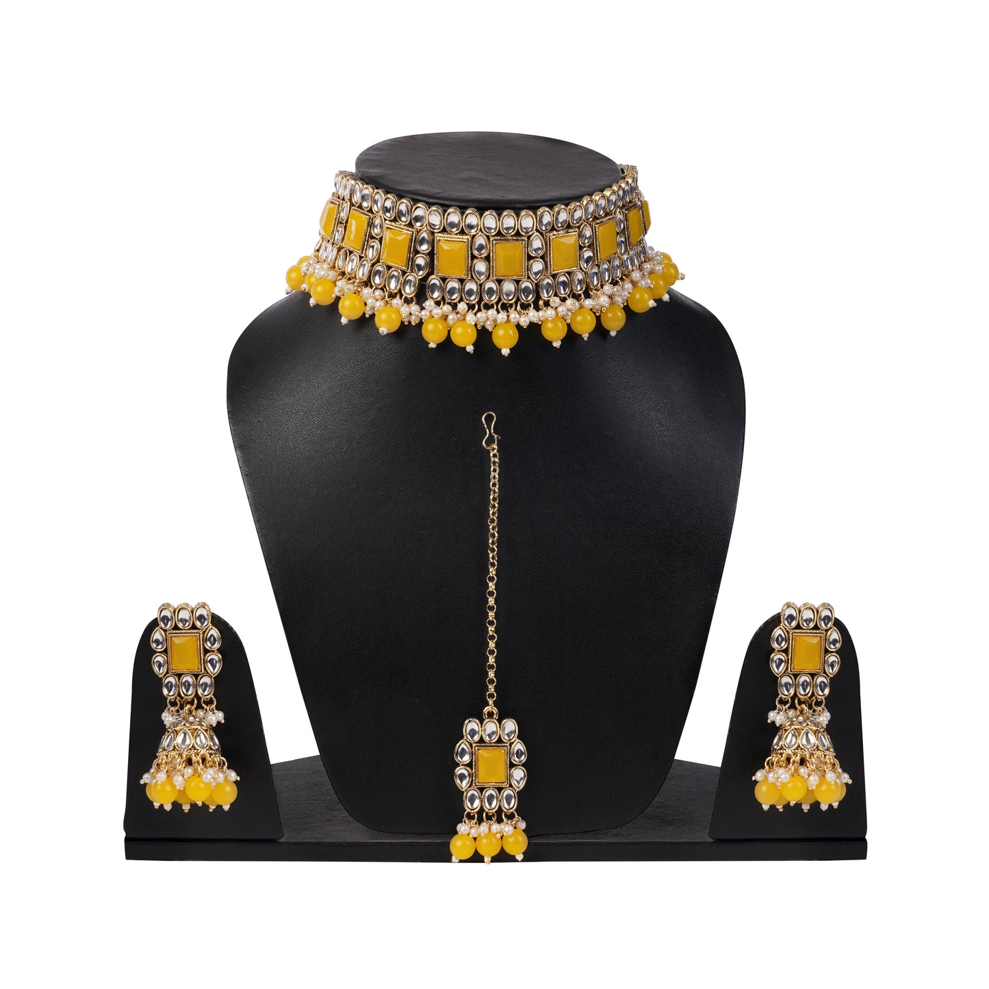Yellow Stone Studded Kundan Necklace And Earring Set