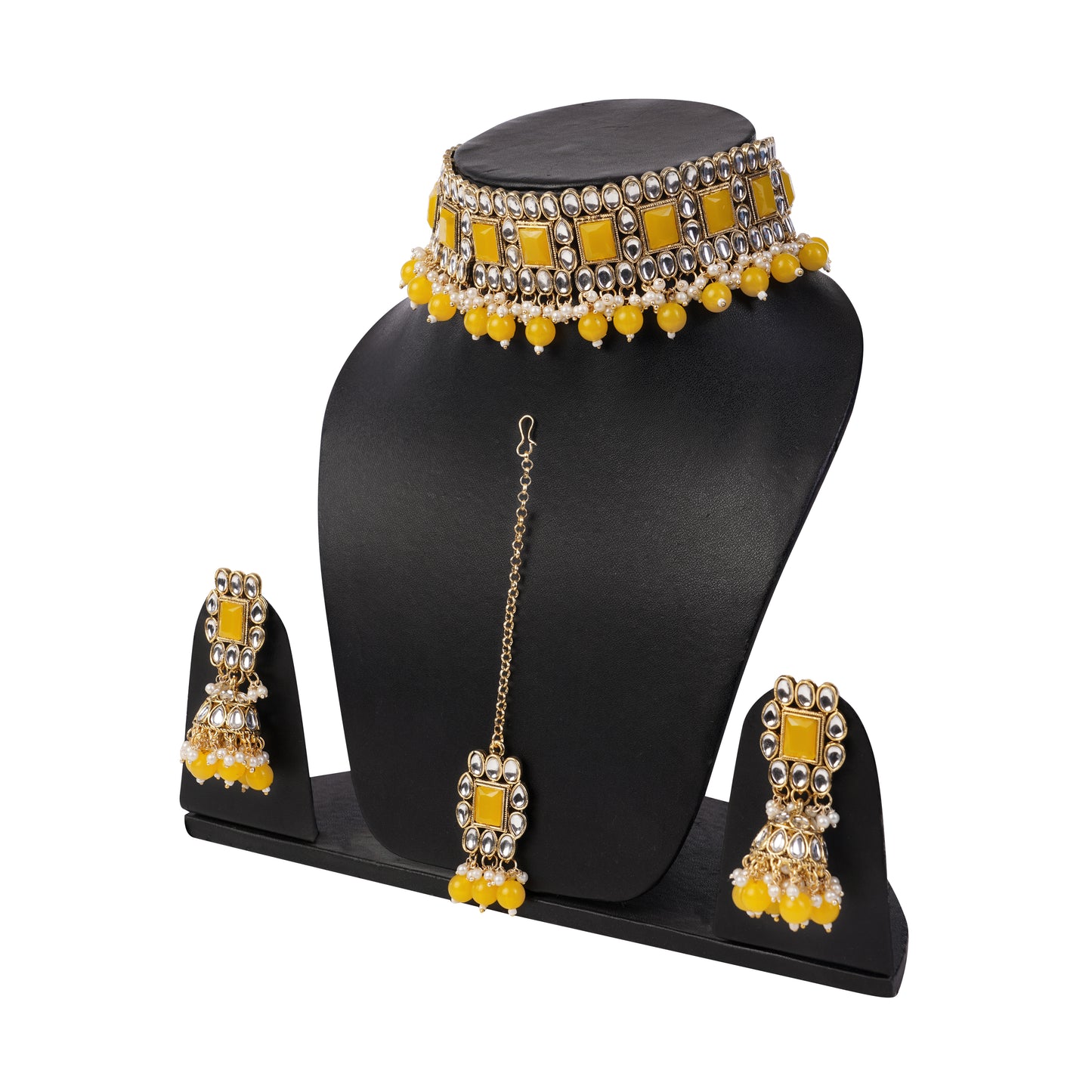 Yellow Stone Studded Kundan Necklace And Earring Set