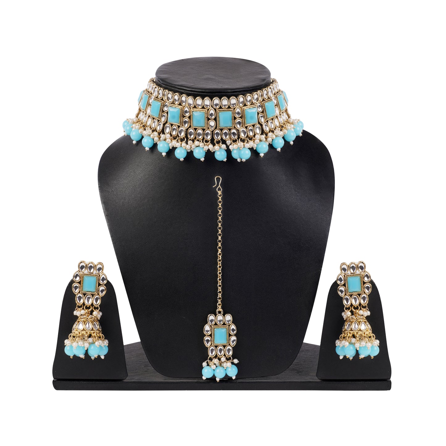 Gold-Plated Blue Kundan Studded Necklace Set For Women