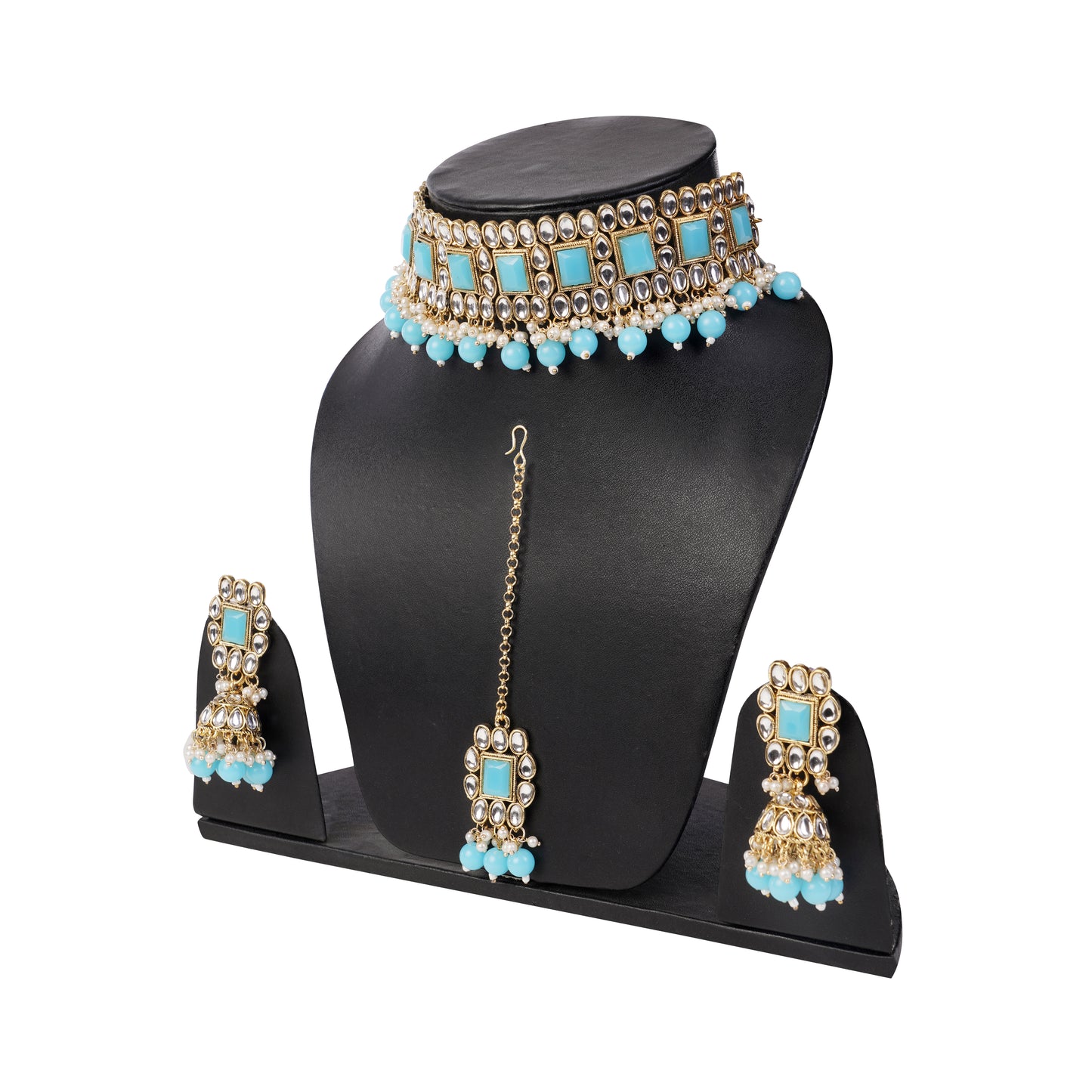 Gold-Plated Blue Kundan Studded Necklace Set For Women