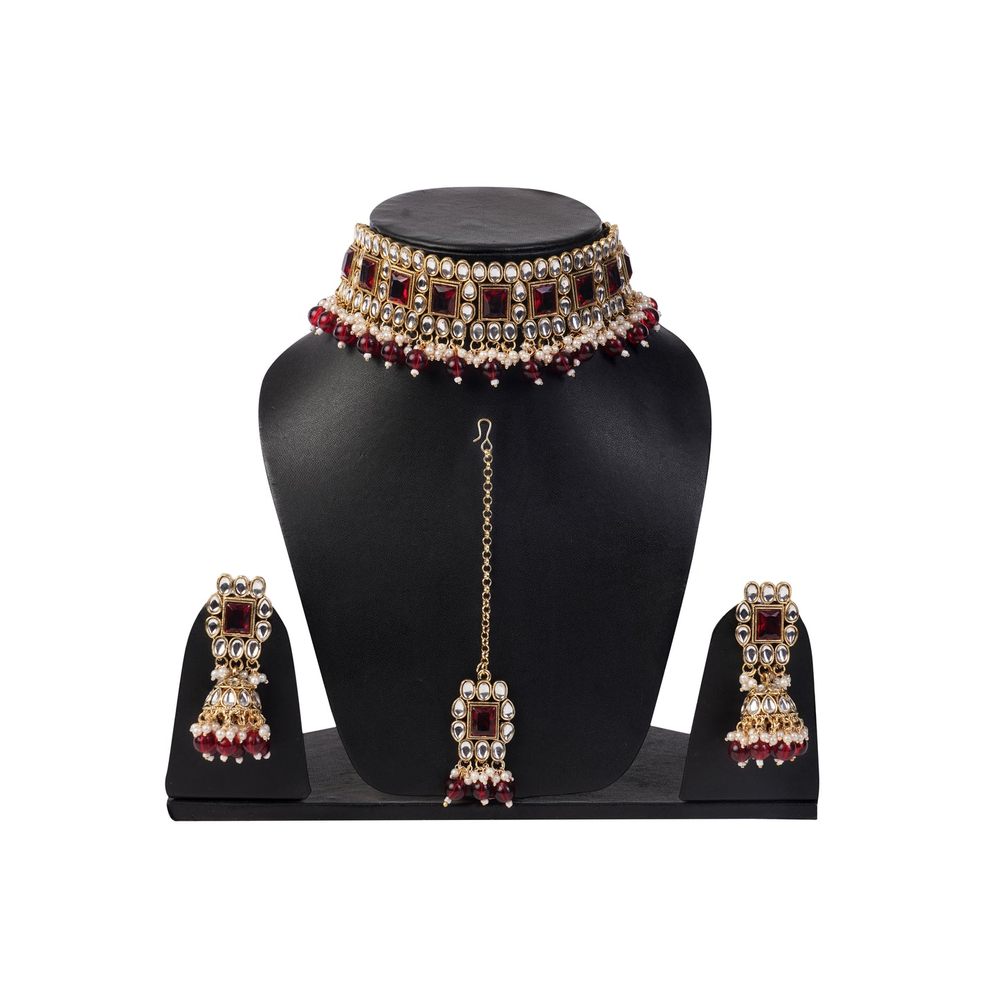Gold Pleated Red Stone Kundan Necklace And Earrings Jewellery Set
