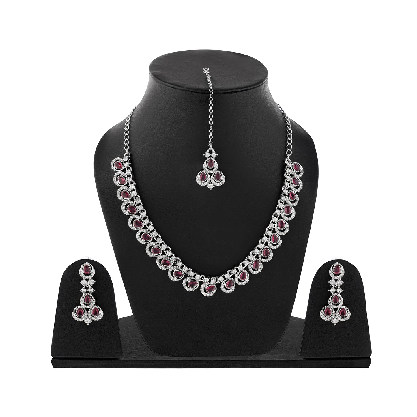 Silver Plated Red Stone Diamond Necklace With Earring And Mangtika Set