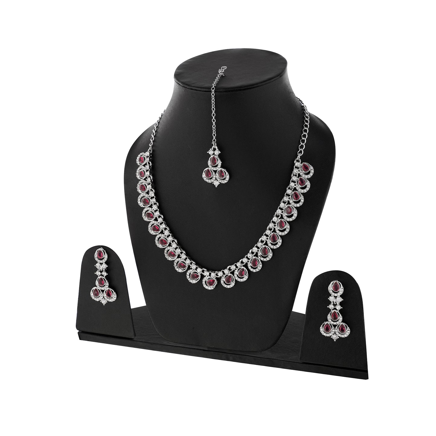 Silver Plated Red Stone Diamond Necklace With Earring And Mangtika Set