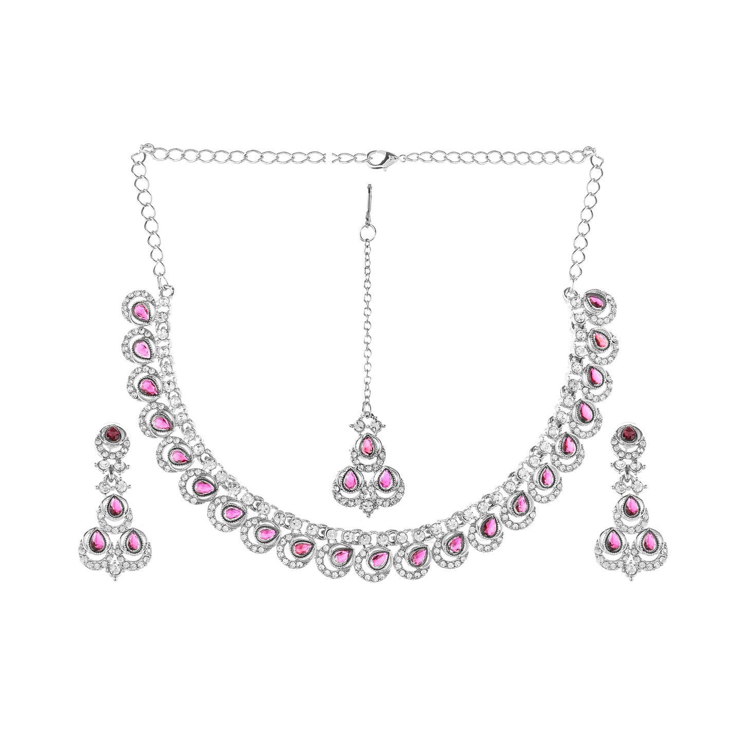 Silver Plated Red Stone Diamond Necklace With Earring And Mangtika Set