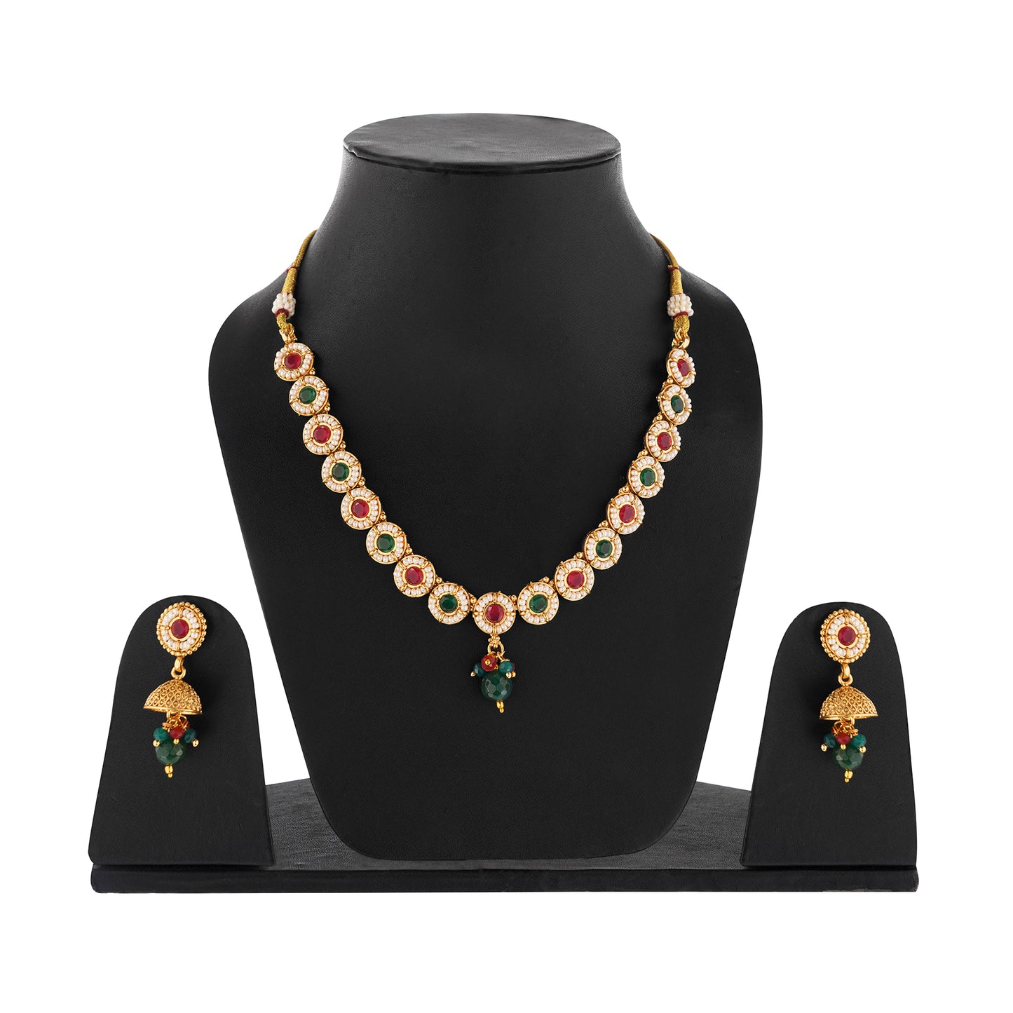 Traditional Gold Plated Red And Green Stone Necklace With Jhumki earrings