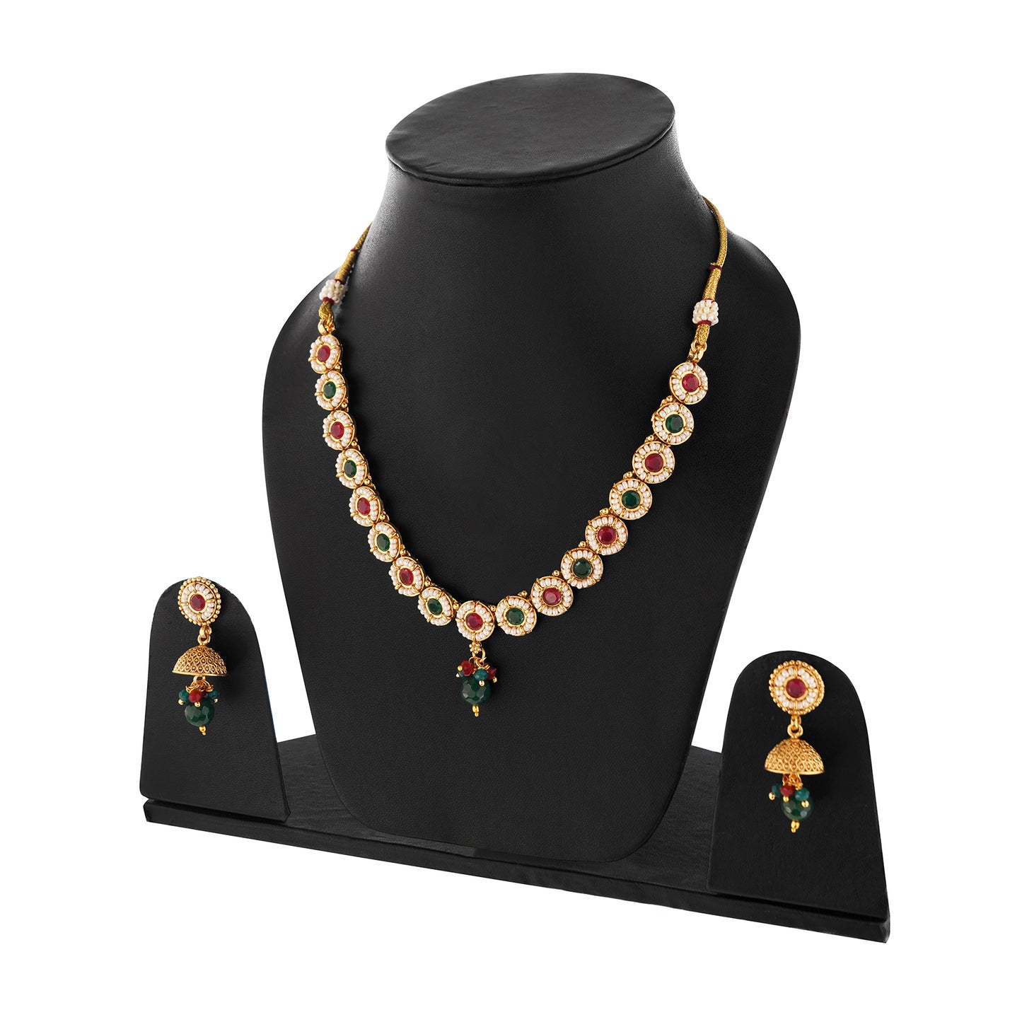 Traditional Gold Plated Red And Green Stone Necklace With Jhumki earrings