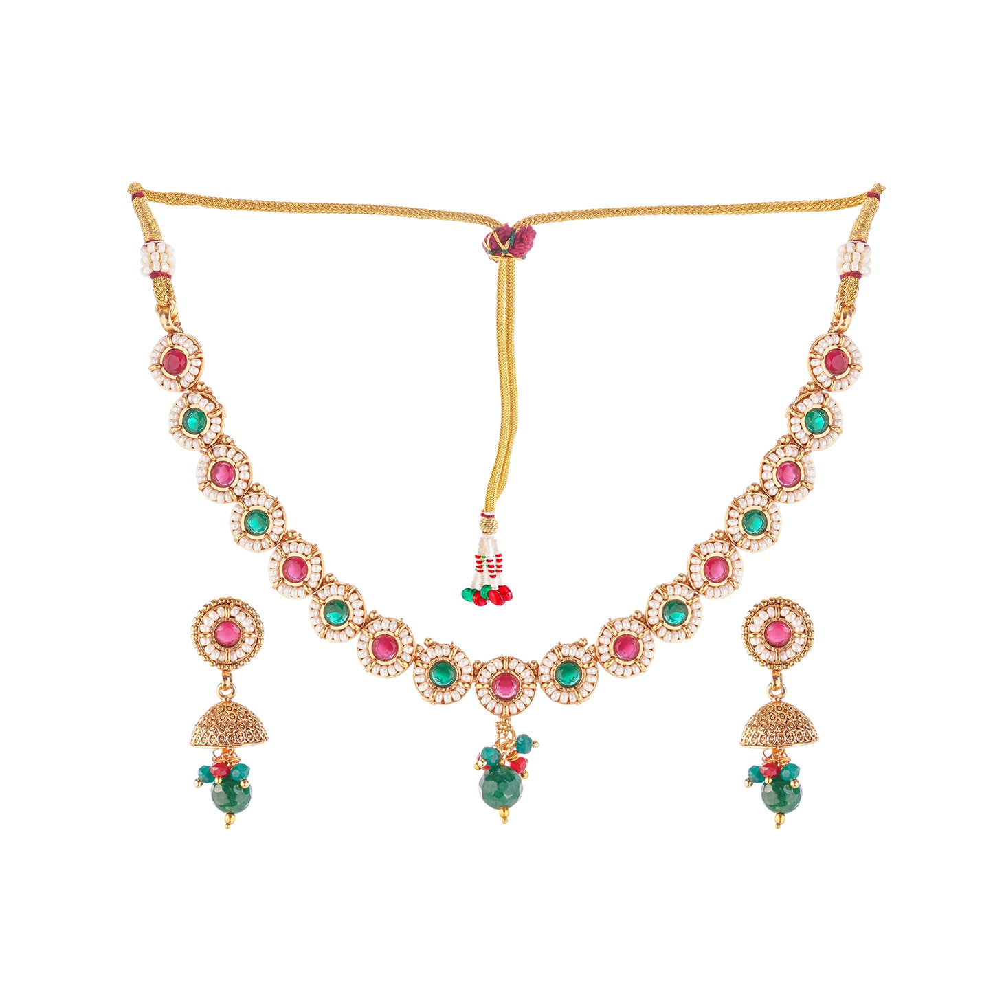 Traditional Gold Plated Red And Green Stone Necklace With Jhumki earrings