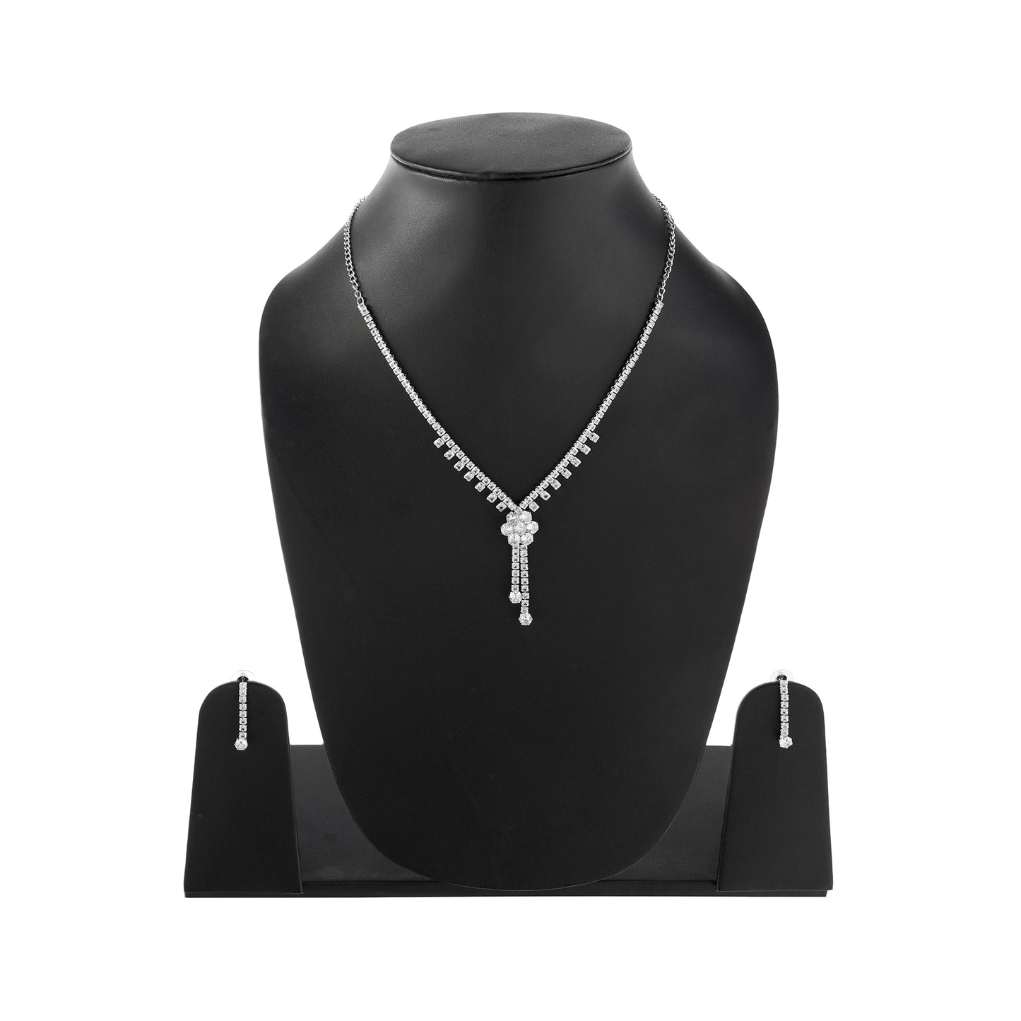 Clustertrend Silver Floral Pendant Diamond Chain Necklace With Earring Set