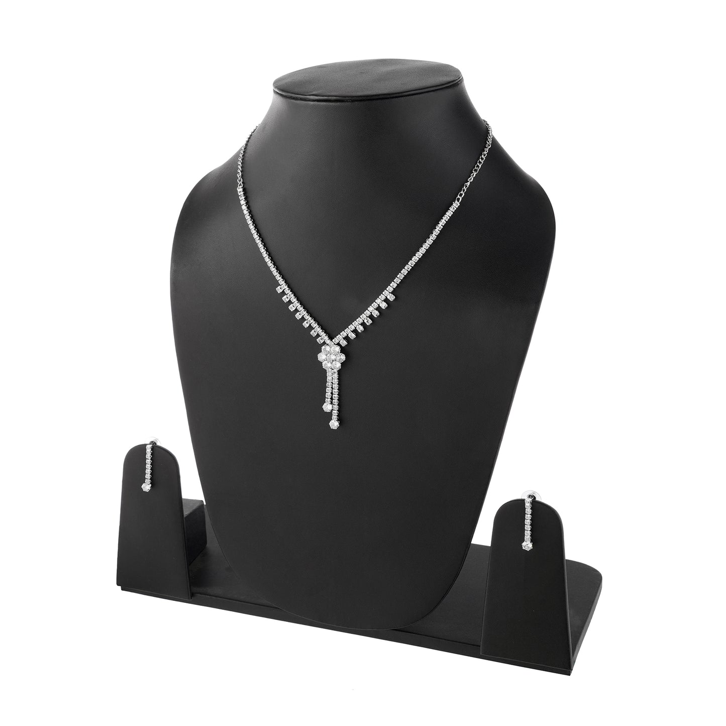 Clustertrend Silver Floral Pendant Diamond Chain Necklace With Earring Set