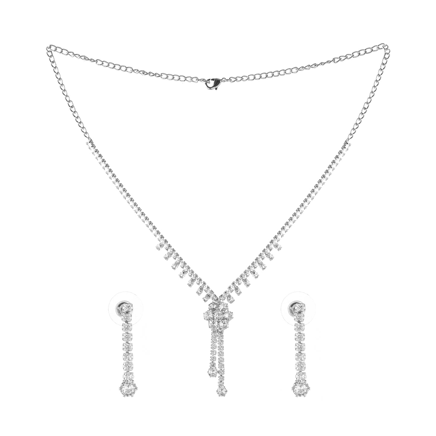 Clustertrend Silver Floral Pendant Diamond Chain Necklace With Earring Set