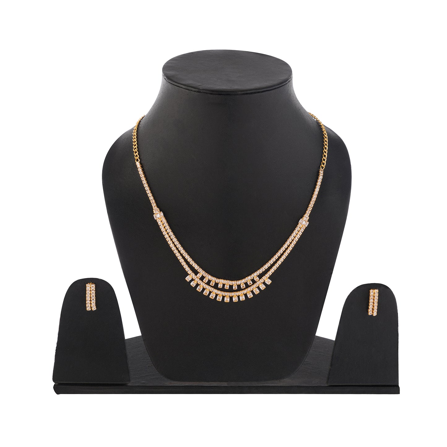 Elagant Gold Plated Diamond Layered Necklace With Earrings