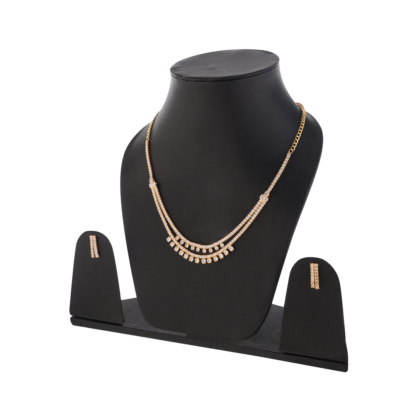 Elagant Gold Plated Diamond Layered Necklace With Earrings