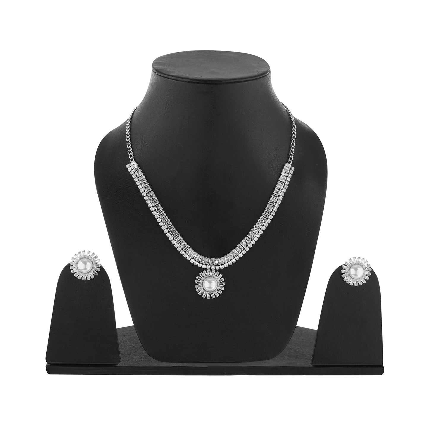 Clustertrend Silver Diamond Round Pendant Chain Necklace With Stud Earrings
