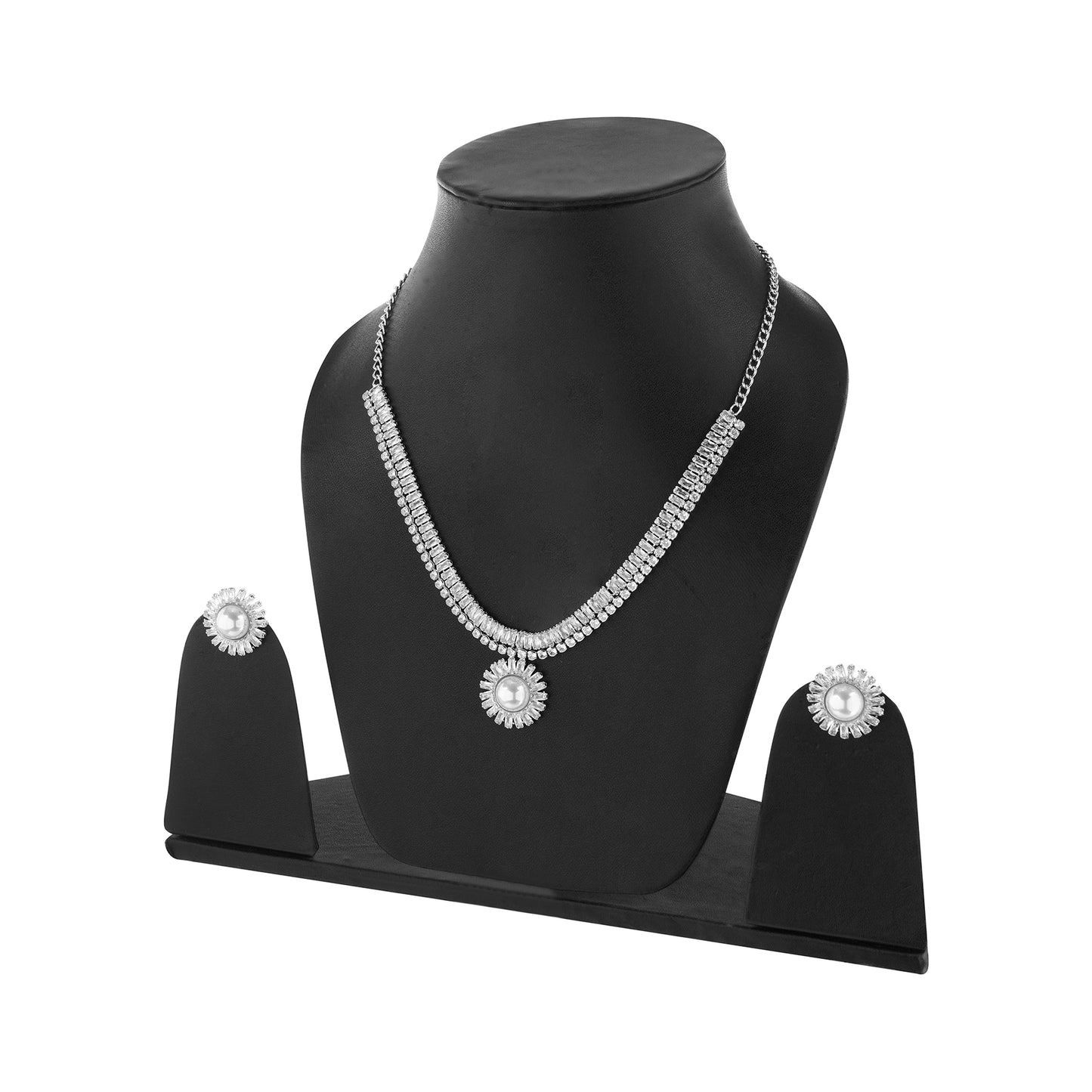 Clustertrend Silver Diamond Round Pendant Chain Necklace With Stud Earrings