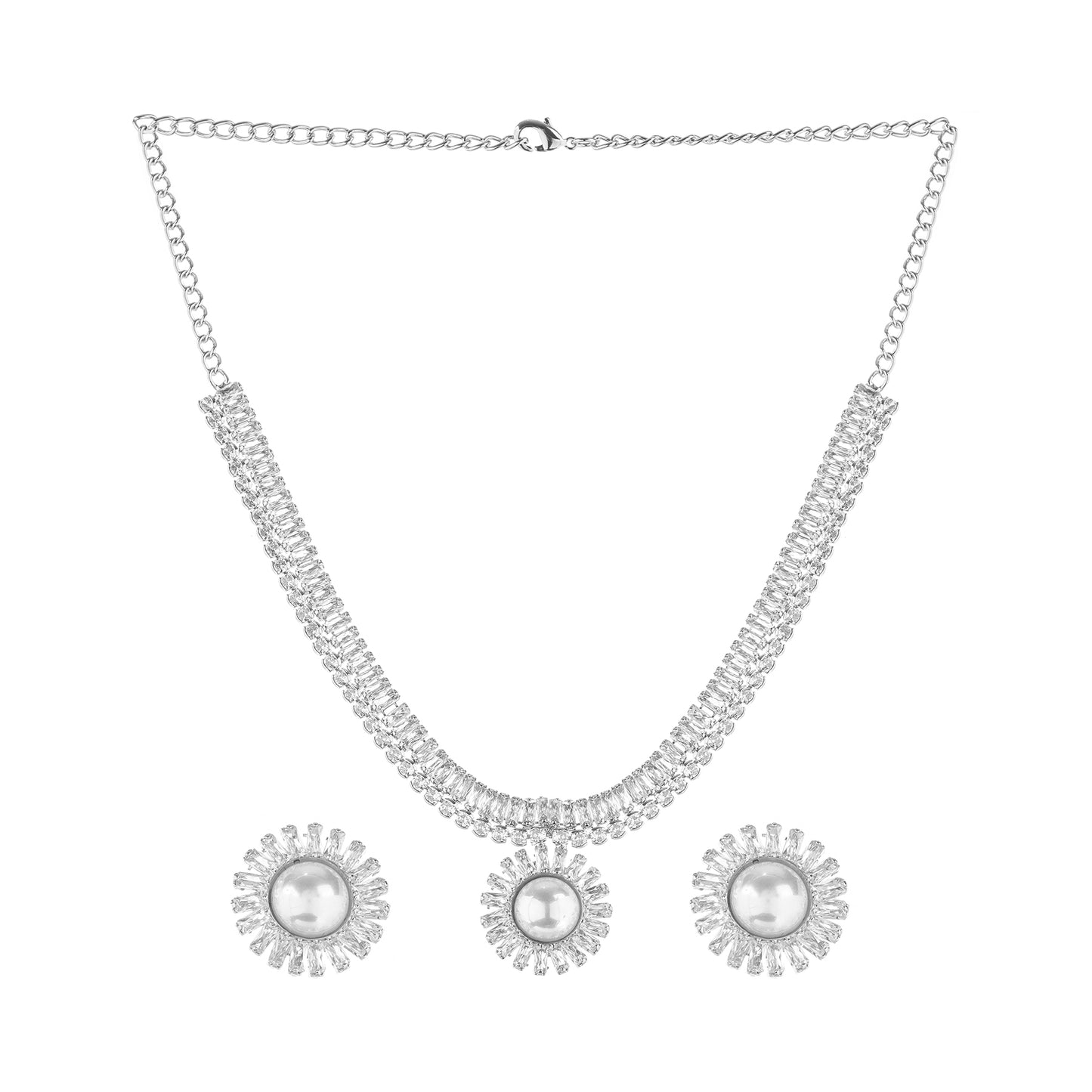 Clustertrend Silver Diamond Round Pendant Chain Necklace With Stud Earrings