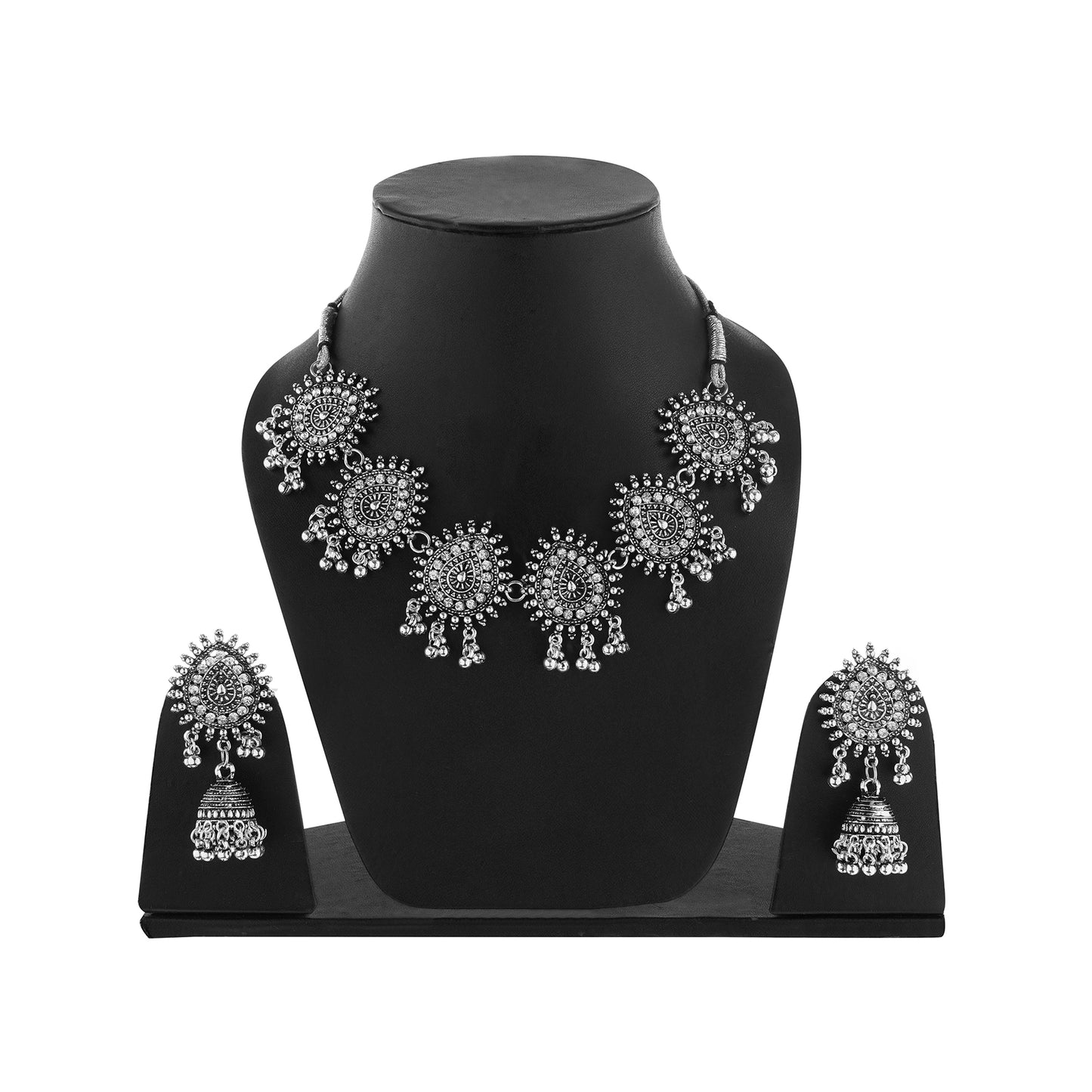 Oxidised Silver White Stone Choker Necklace With Earrings