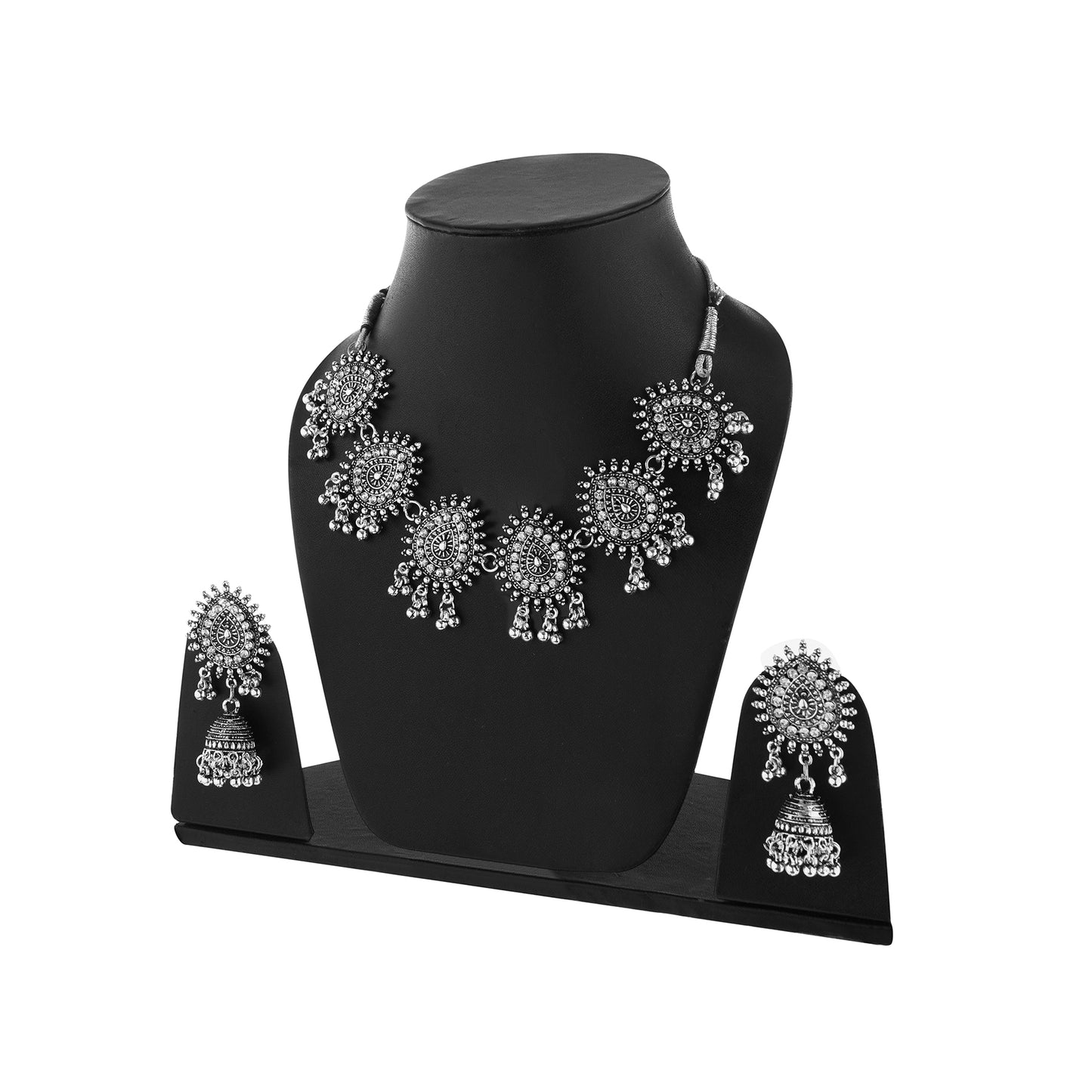 Oxidised Silver White Stone Choker Necklace With Earrings