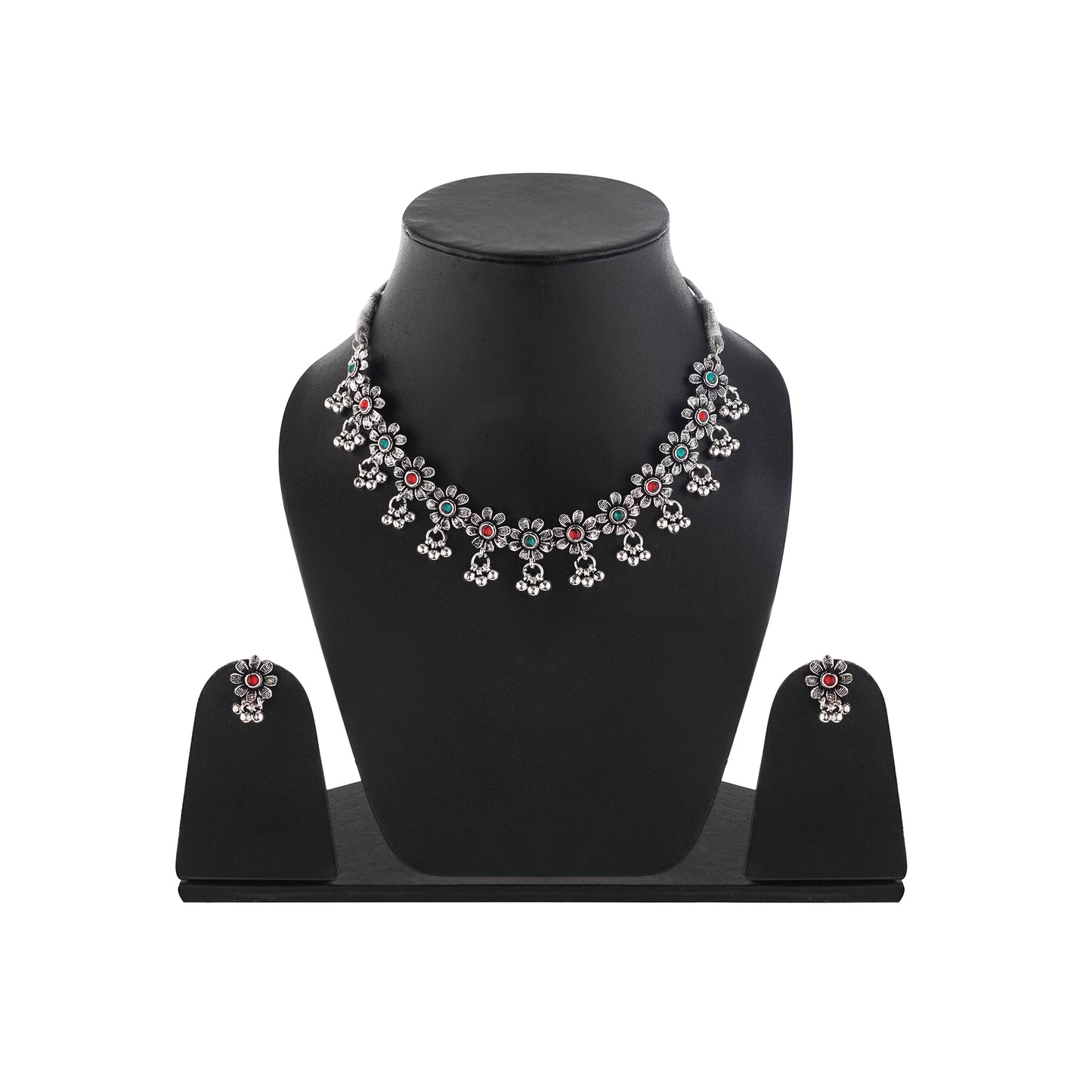 Silver Oxidised Red And Green Stone Choker Necklace With Earrings
