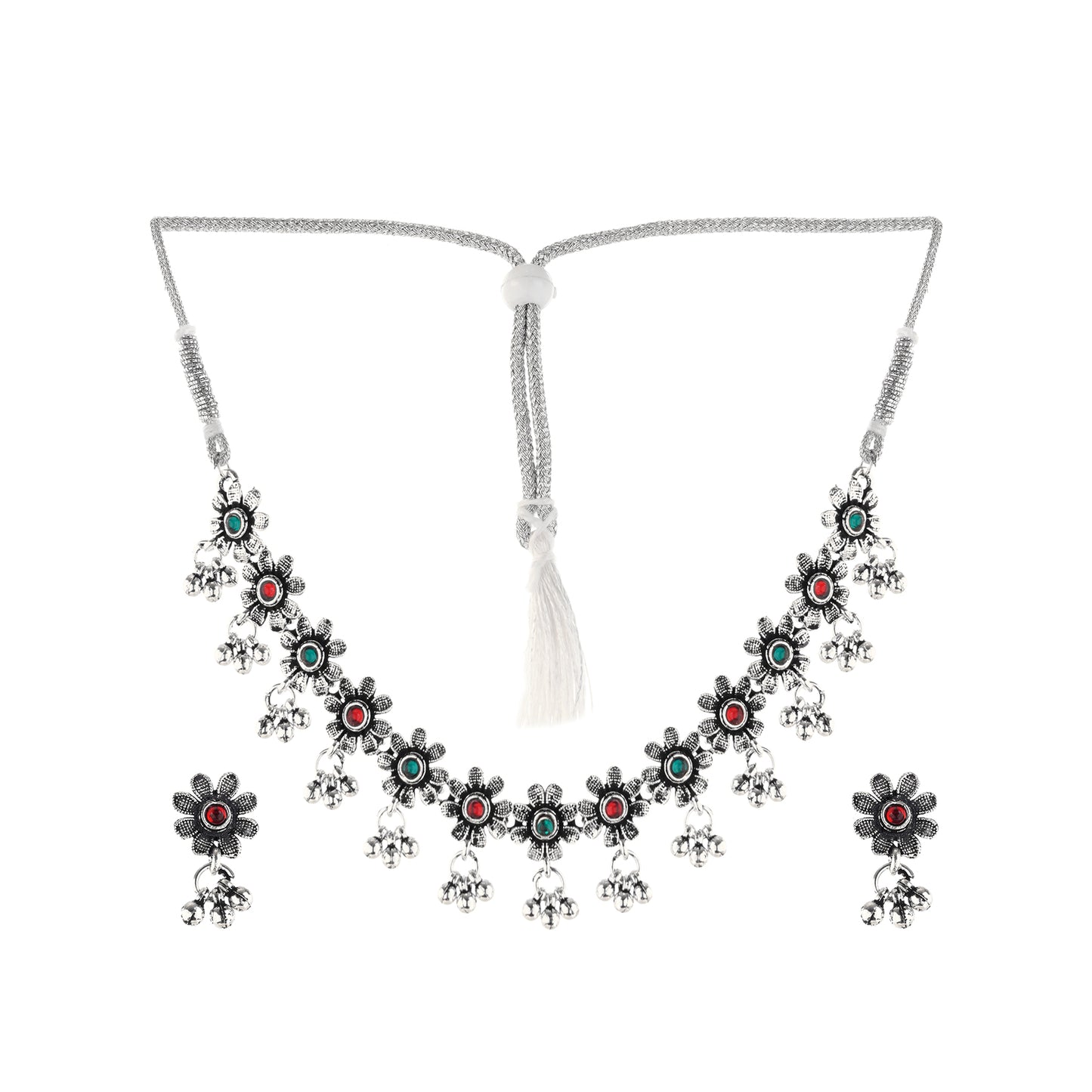 Silver Oxidised Red And Green Stone Choker Necklace With Earrings