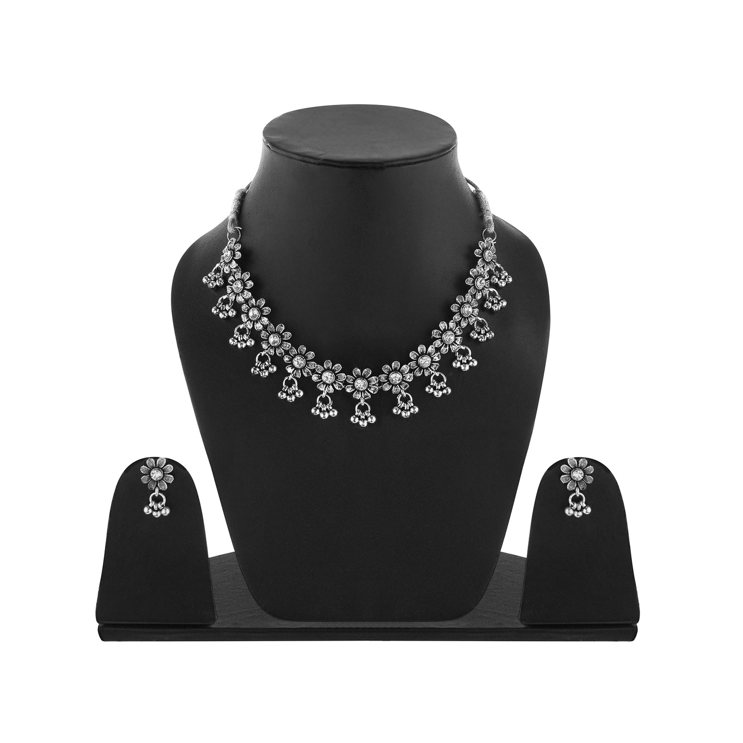 Silver Oxidised White Stone Choker Necklace With Earrings