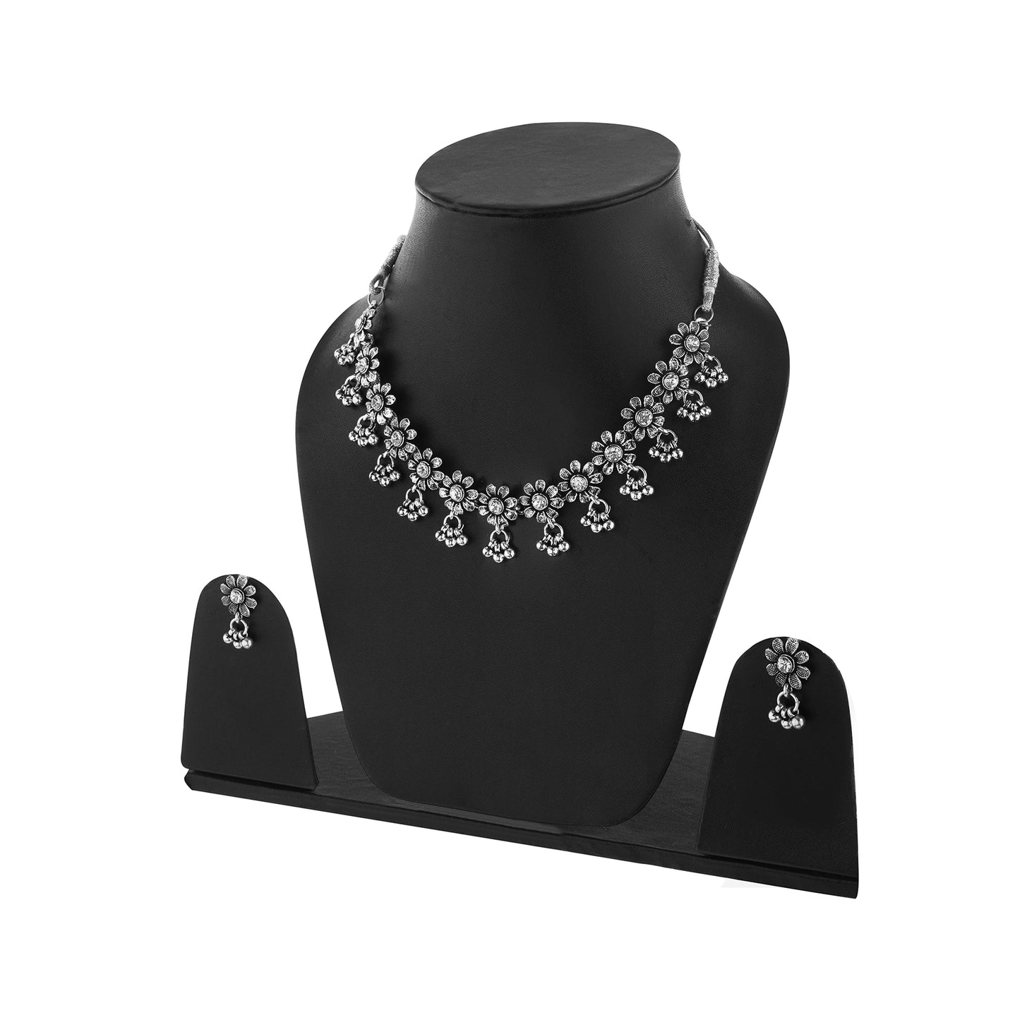 Silver Oxidised White Stone Choker Necklace With Earrings