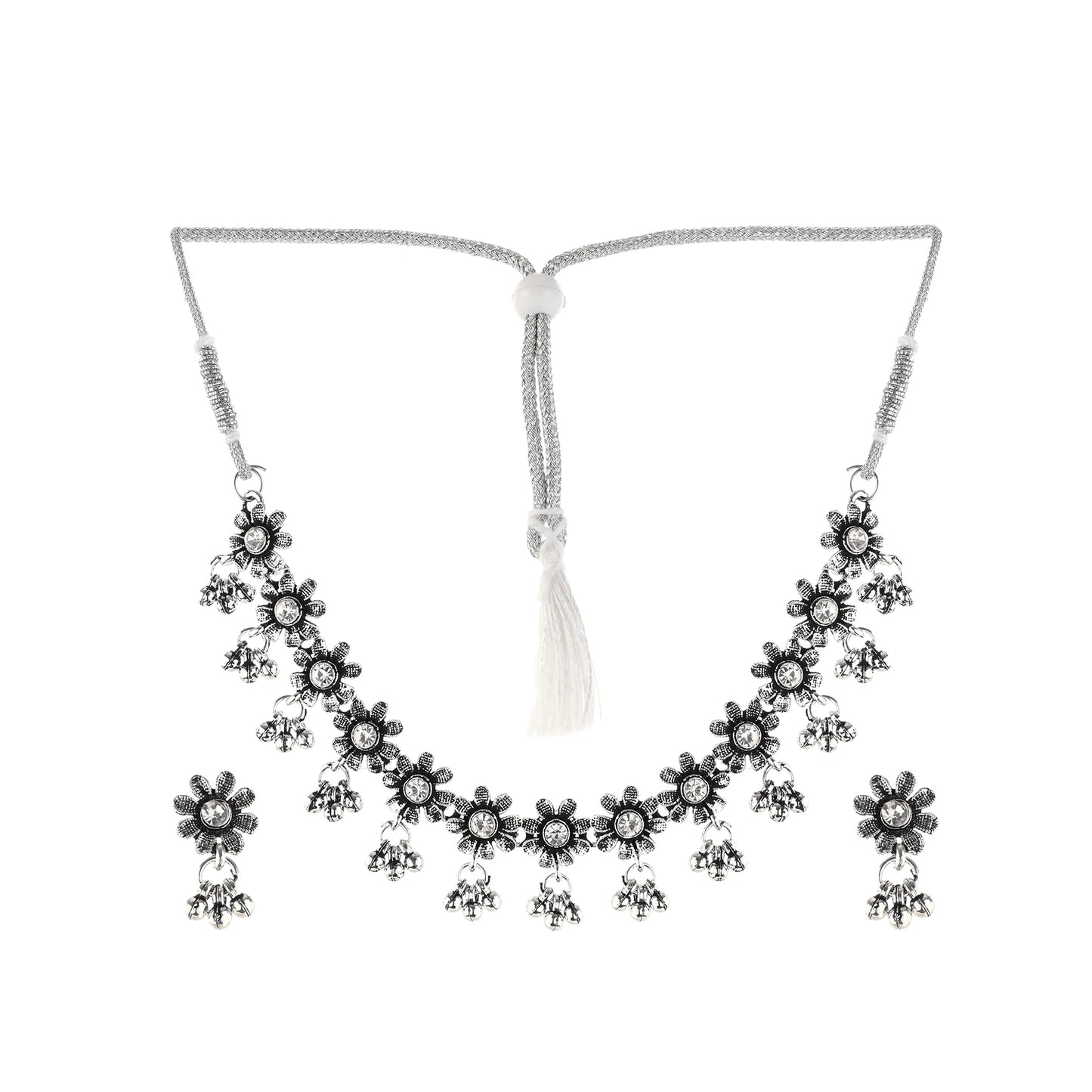 Silver Oxidised White Stone Choker Necklace With Earrings