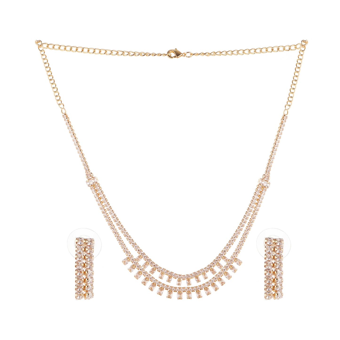 Elagant Gold Plated Diamond Layered Necklace With Earrings