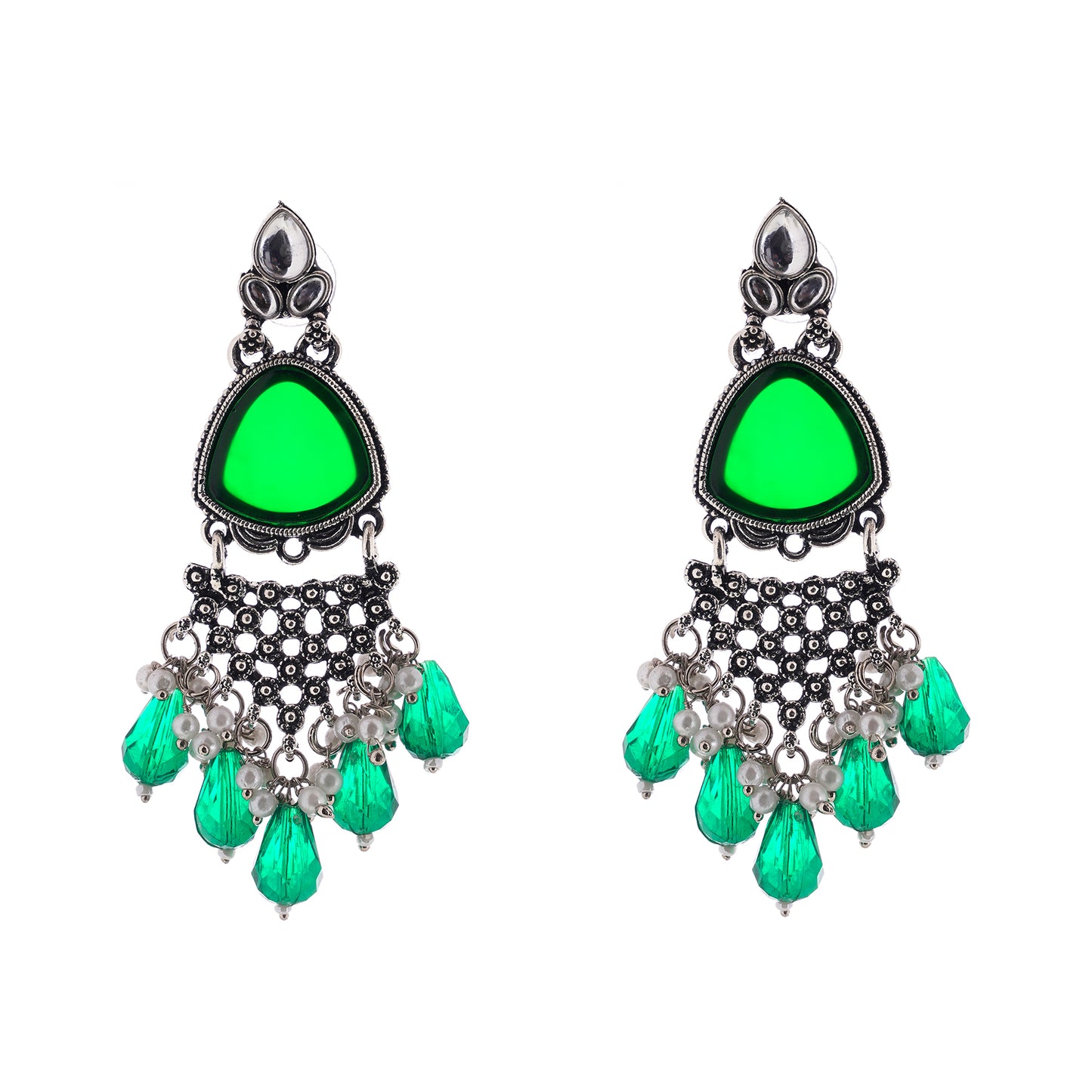 Clustertrend Silver Oxidised Crysal Green Pearl Earrings For Women
