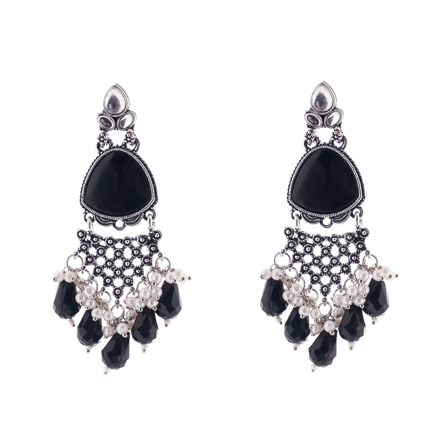 Clustertrend Silver Oxidised Black Pearl Earrings For Women