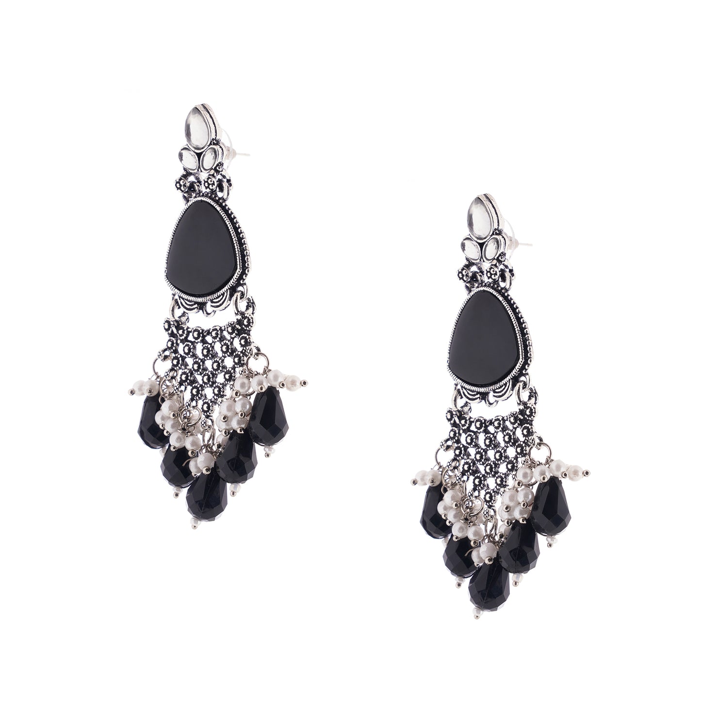 Clustertrend Silver Oxidised Black Pearl Earrings For Women
