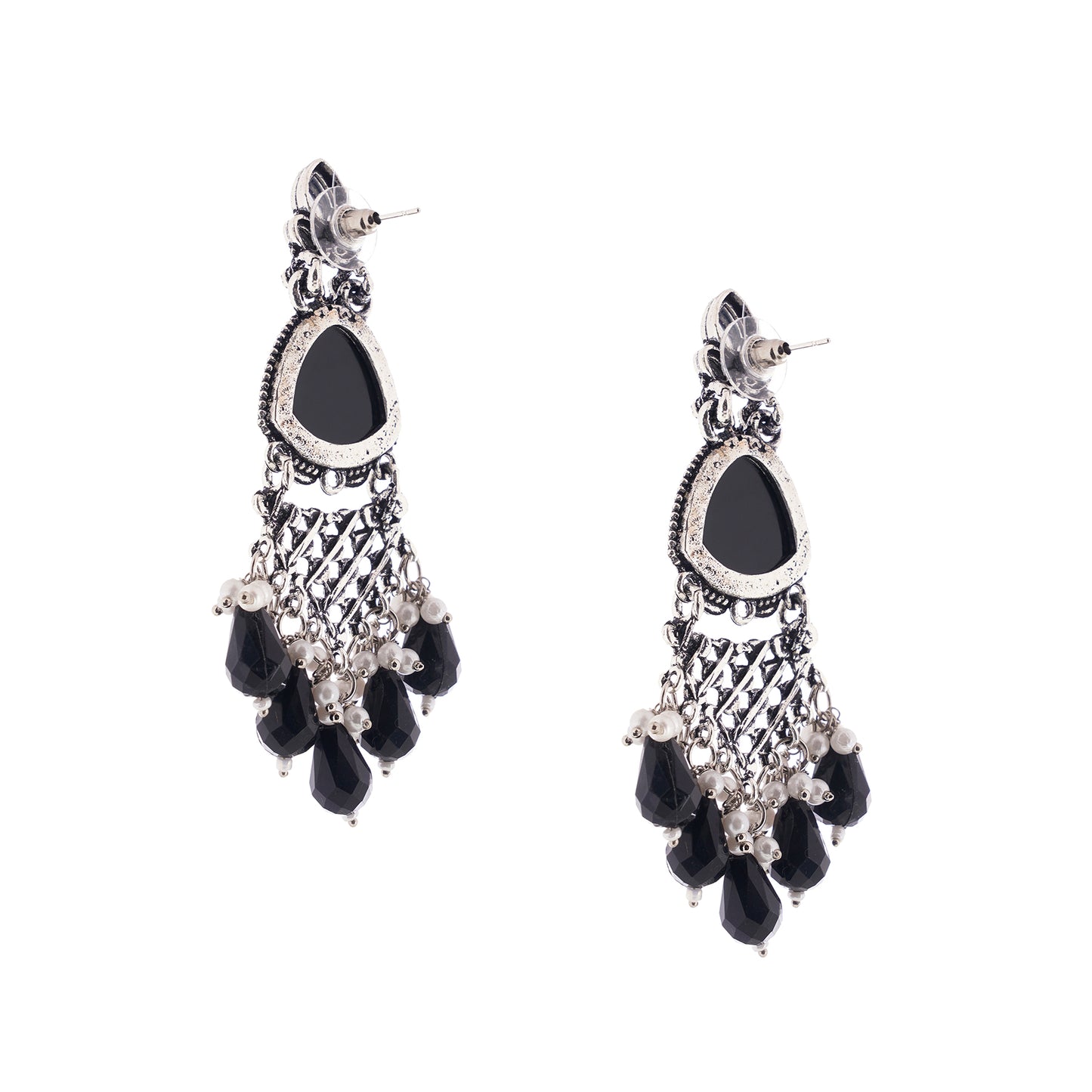 Clustertrend Silver Oxidised Black Pearl Earrings For Women