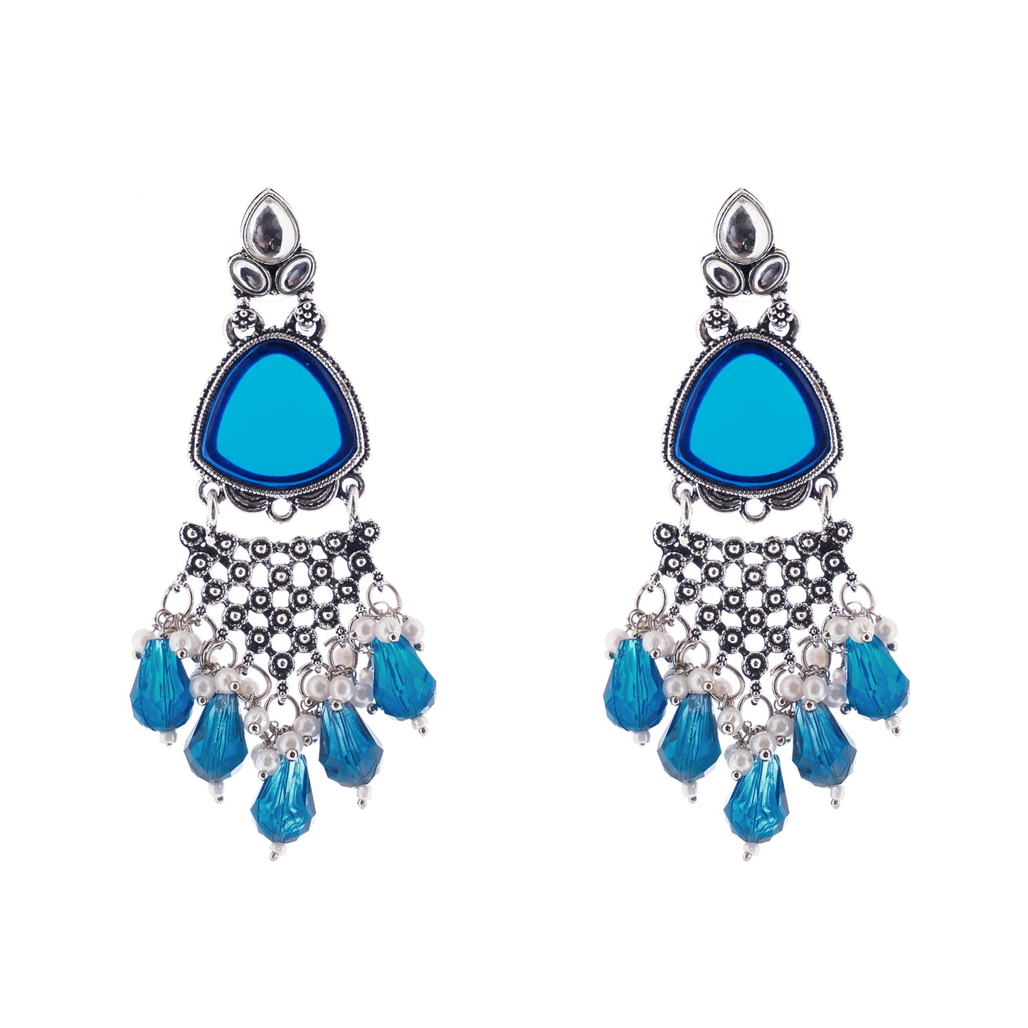 Silver Oxidised Crystal Blue Pearl Earrings For Women