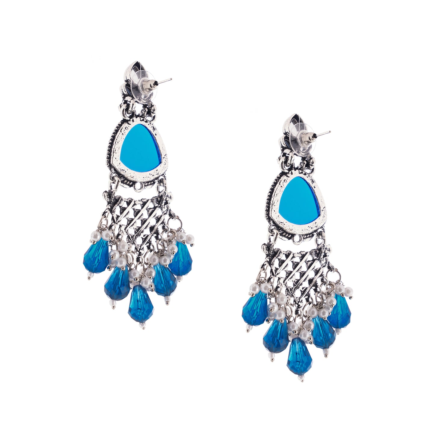 Silver Oxidised Crystal Blue Pearl Earrings For Women