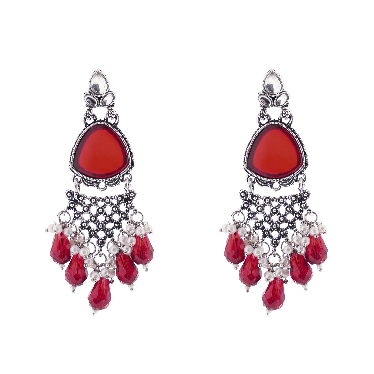 Oxidised Silver Crystal Red Stone Pearl Earrings