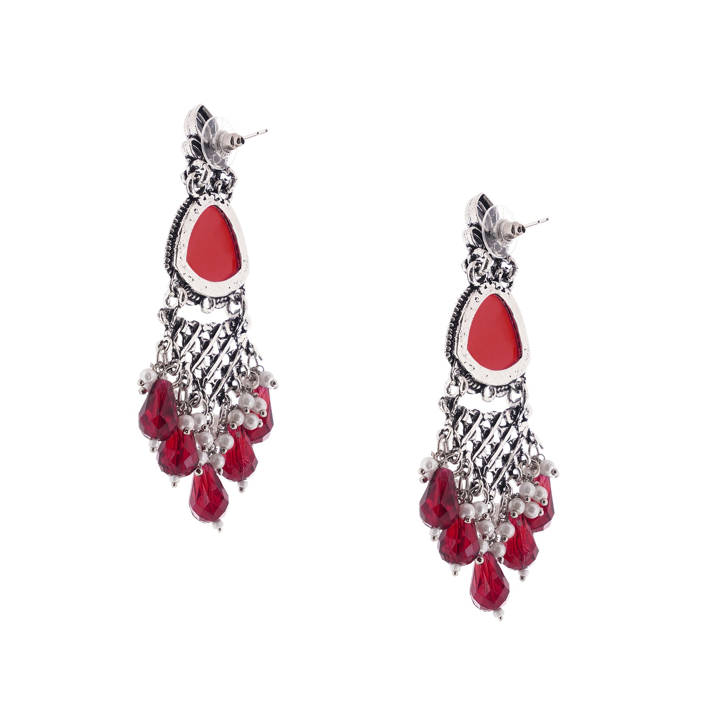 Oxidised Silver Crystal Red Stone Pearl Earrings