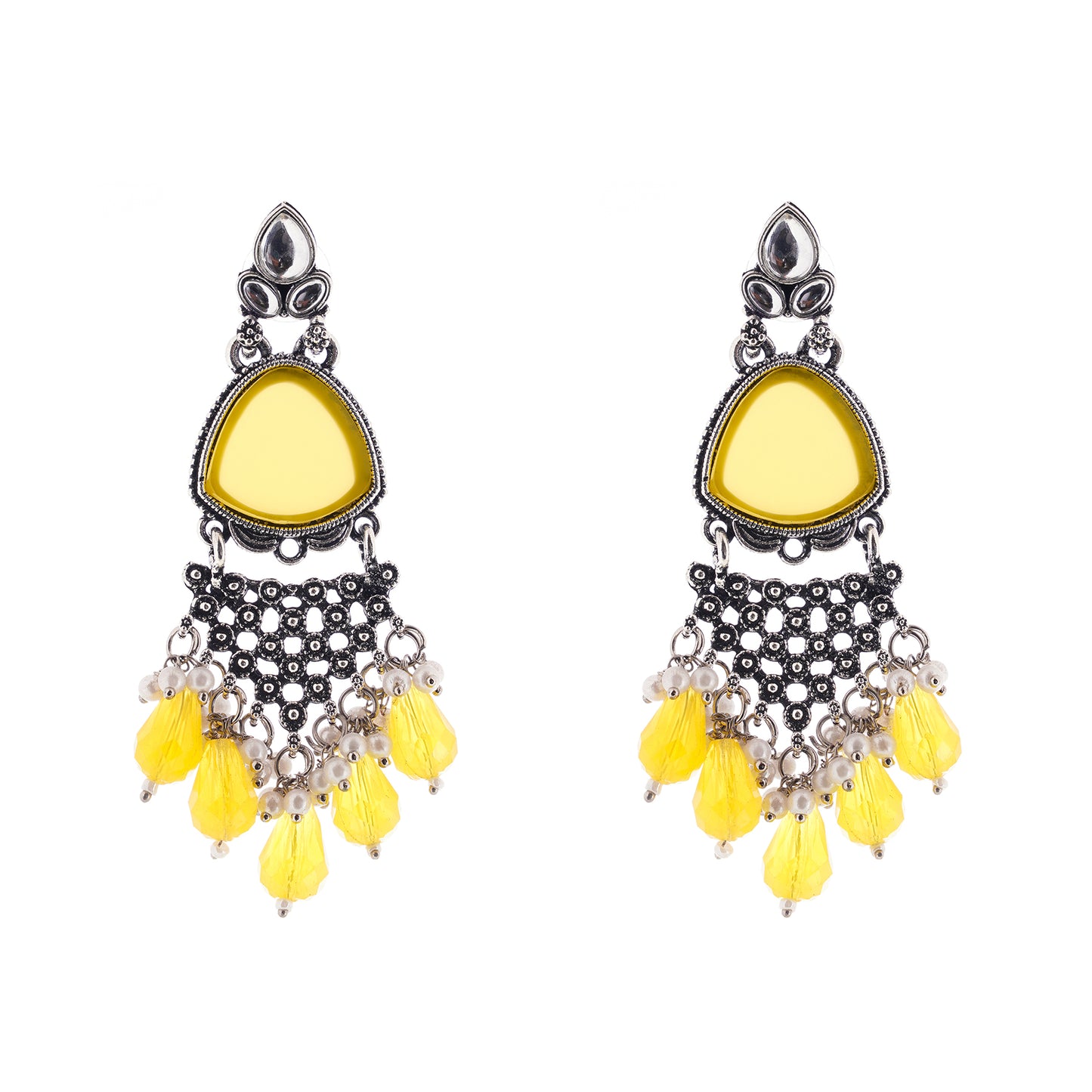 Clustertrend Traditional Oxidised Silver Yellow Crystal Pearl Earrings