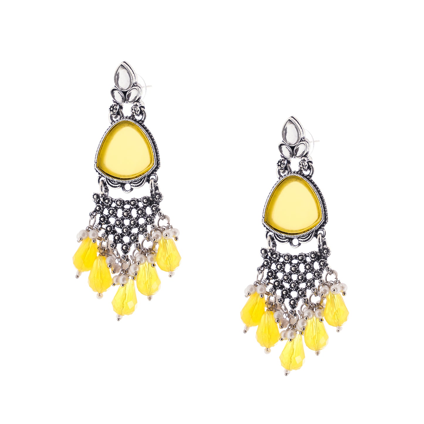 Clustertrend Traditional Oxidised Silver Yellow Crystal Pearl Earrings