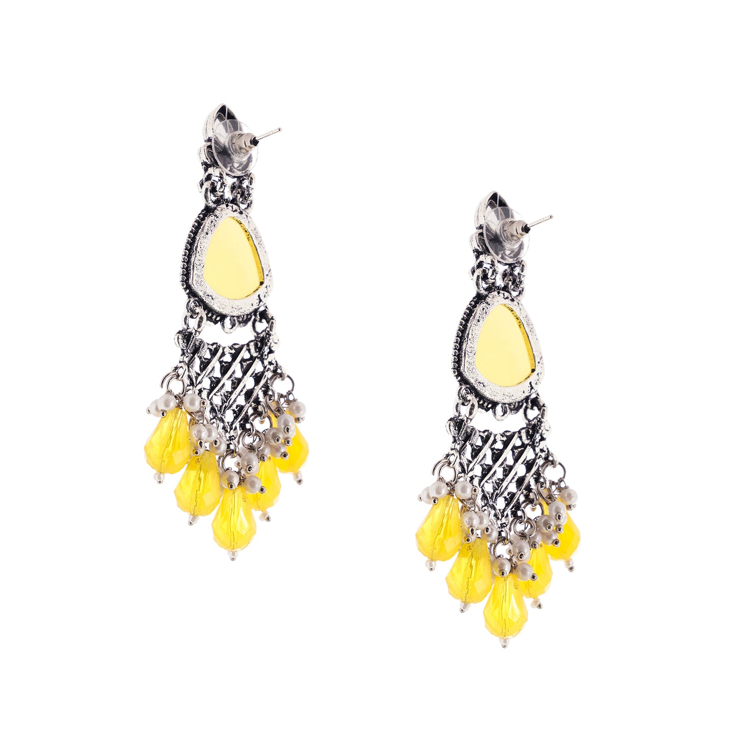 Clustertrend Traditional Oxidised Silver Yellow Crystal Pearl Earrings
