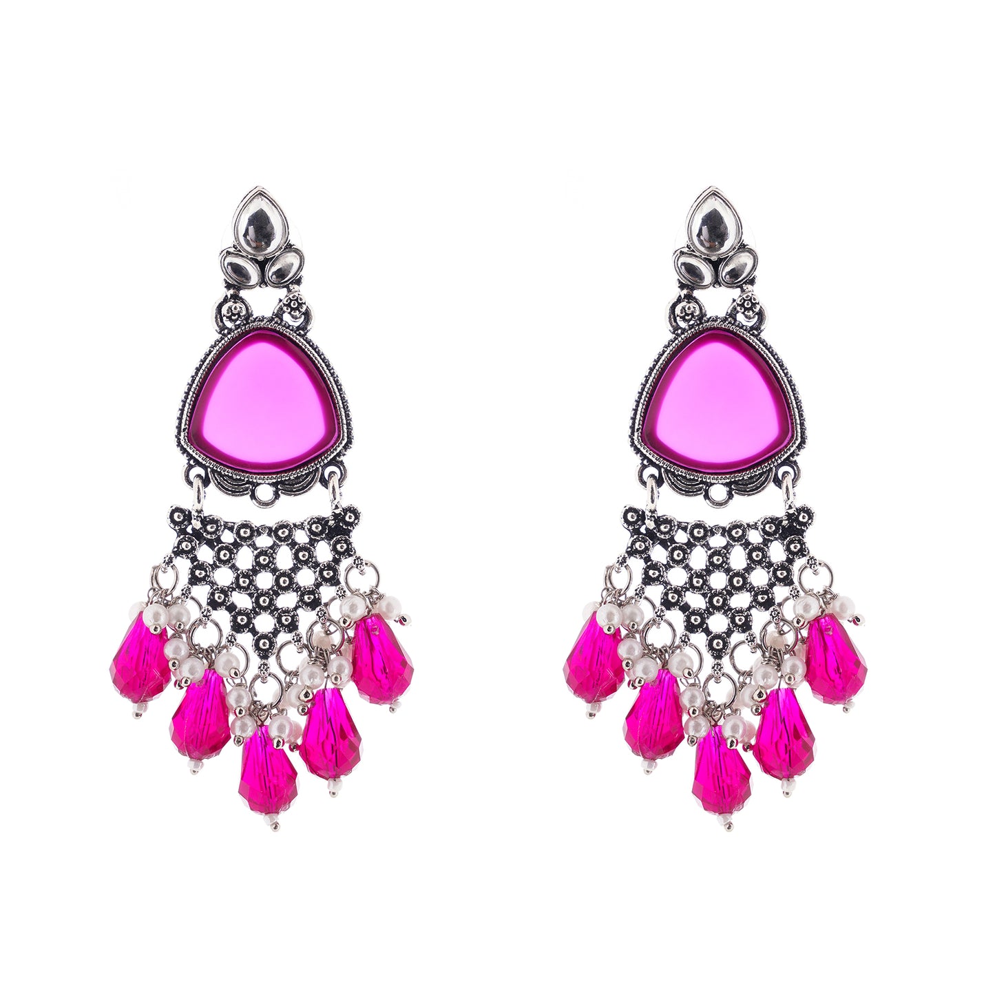 Oxidised Silver Crystal Stone Pink Earrings