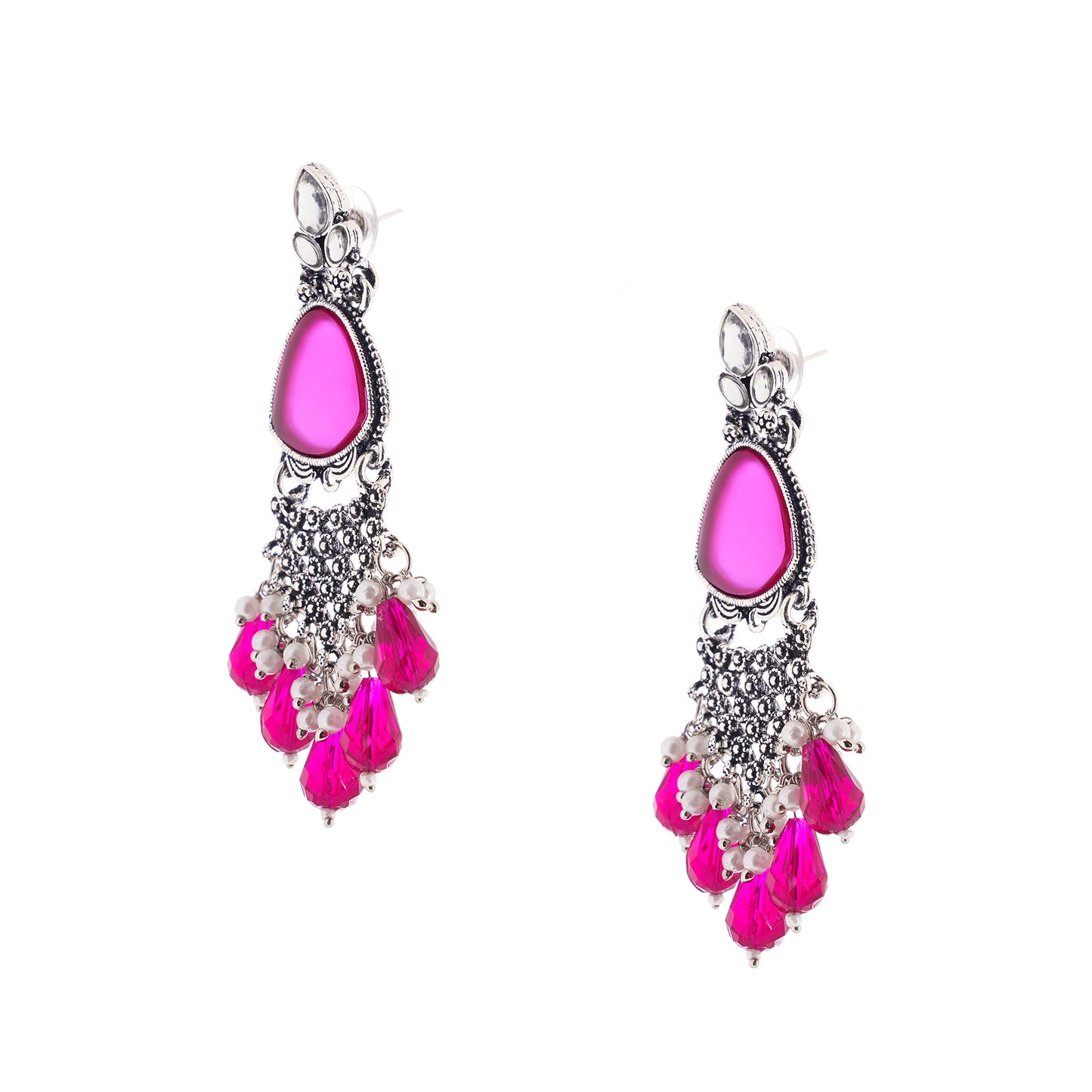 Oxidised Silver Crystal Stone Pink Earrings